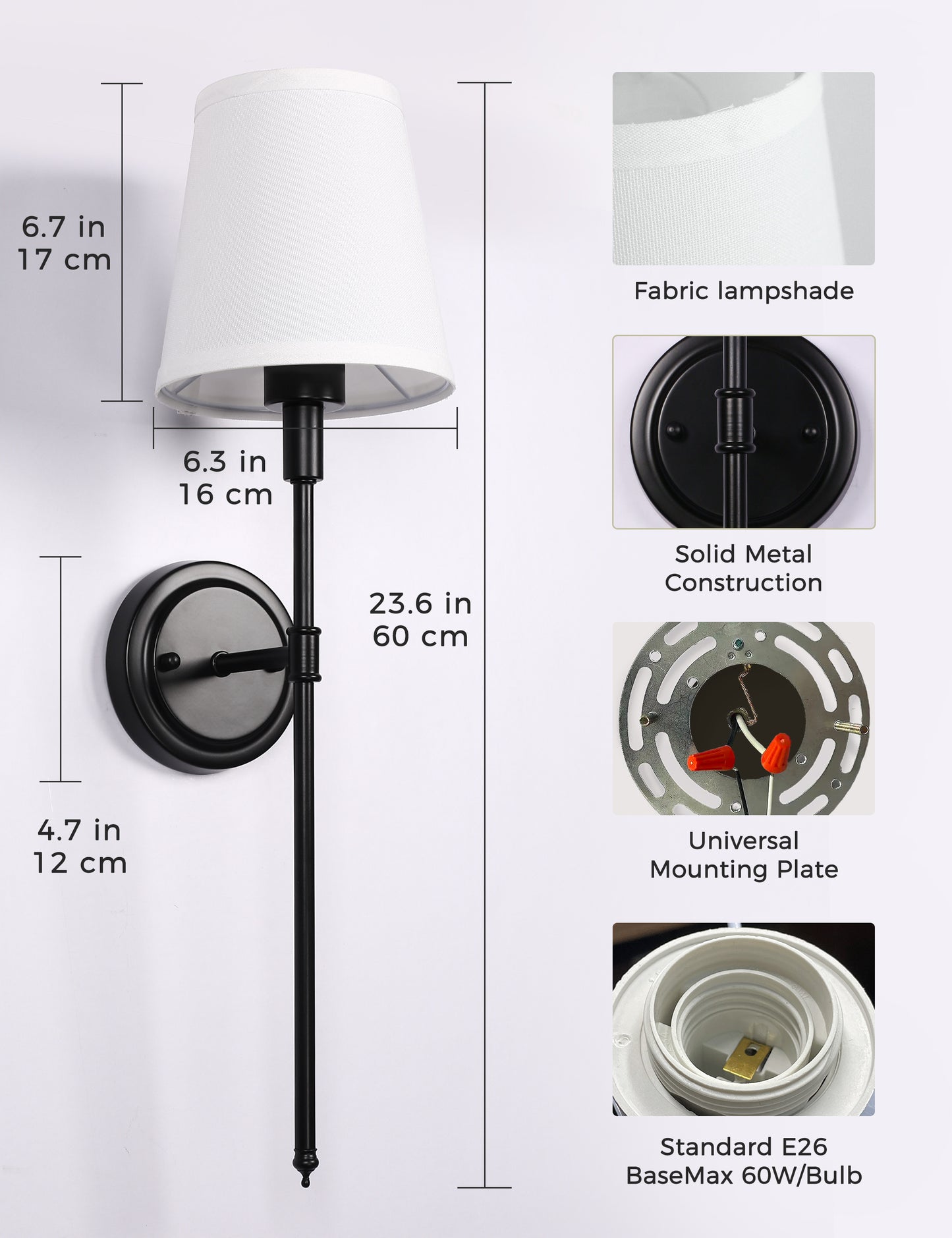 YANSUN 6.3 in. 1-Light Black Modern Wall Sconce with Fabric Cone Shade, E26 Indoor Wall Light Fixtures for Bedroom 2-Pack