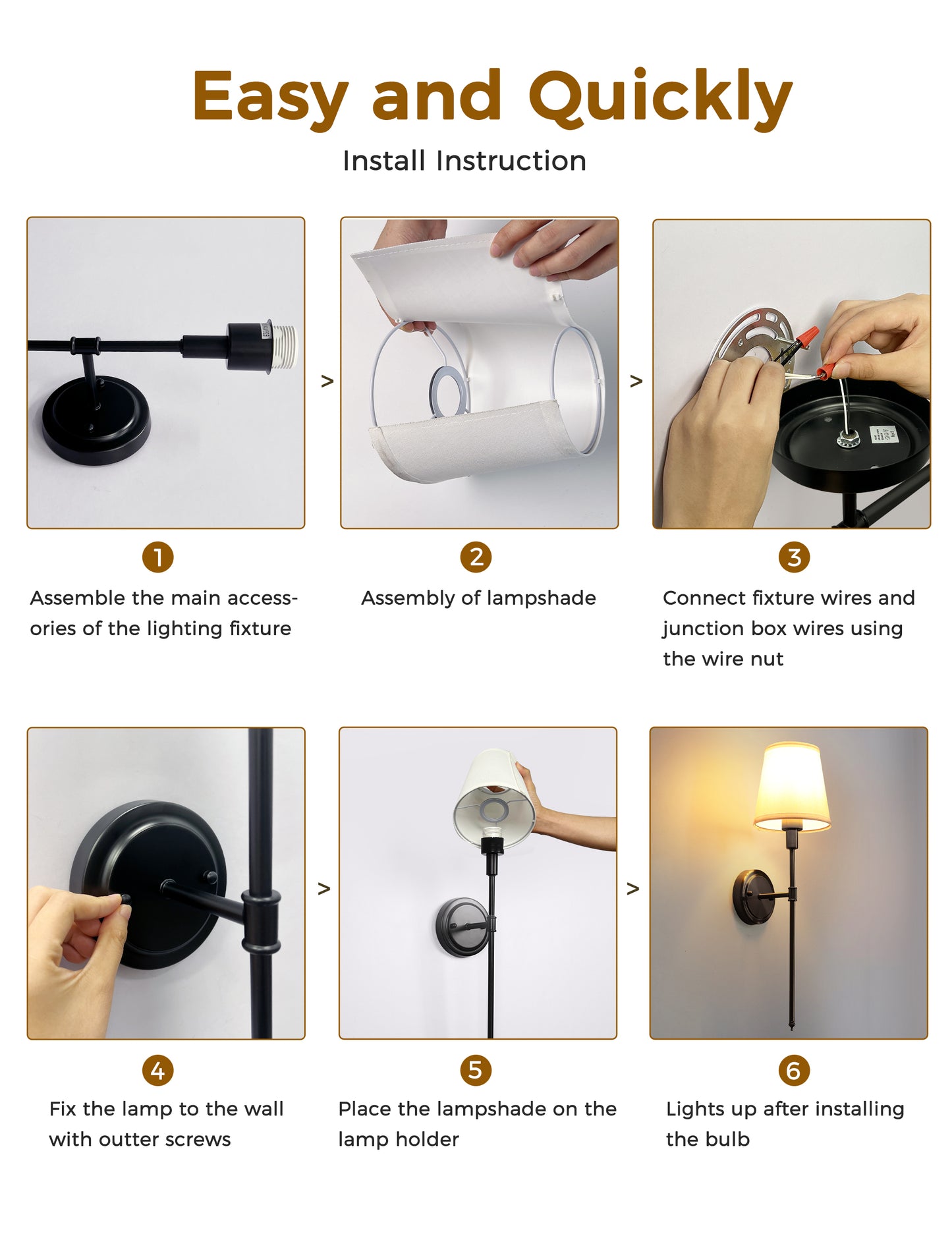 YANSUN 6.3 in. 1-Light Black Modern Wall Sconce with Fabric Cone Shade, E26 Indoor Wall Light Fixtures for Bedroom 2-Pack