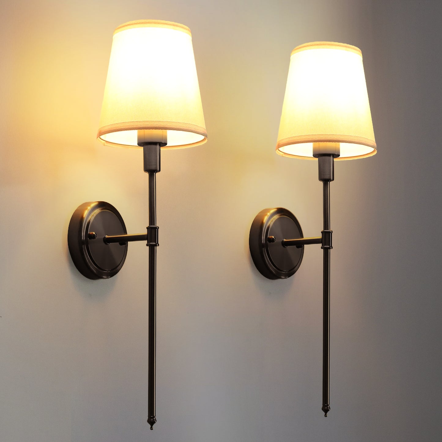 YANSUN 6.3 in. 1-Light Black Modern Wall Sconce with Fabric Cone Shade, E26 Indoor Wall Light Fixtures for Bedroom 2-Pack