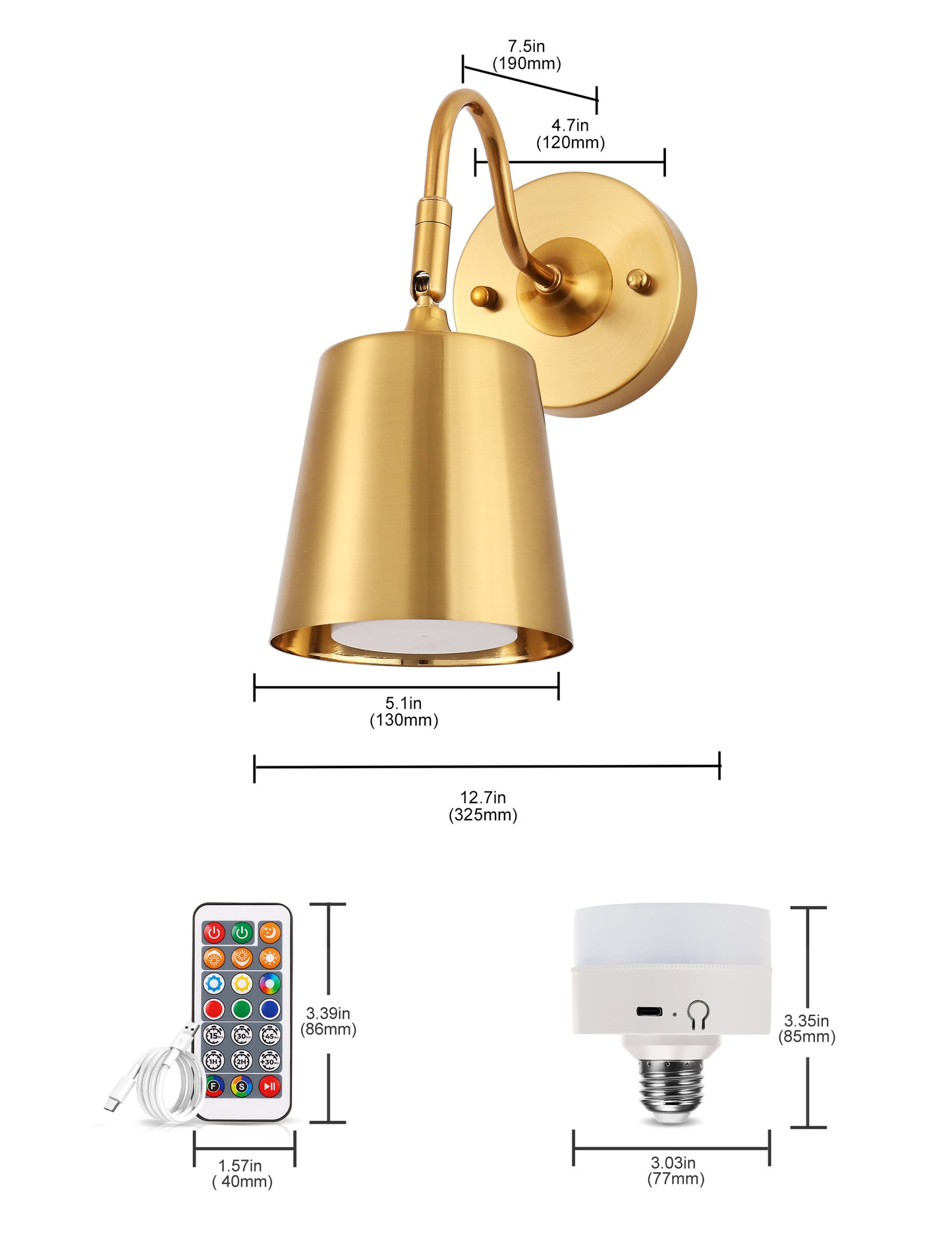 YANSUN Set of 2 Gold Wall Lamps with Bell Shade, Battery-Operated & Dimmable, Perfect for Hallway, Stairs, Living Room, and Bedroom