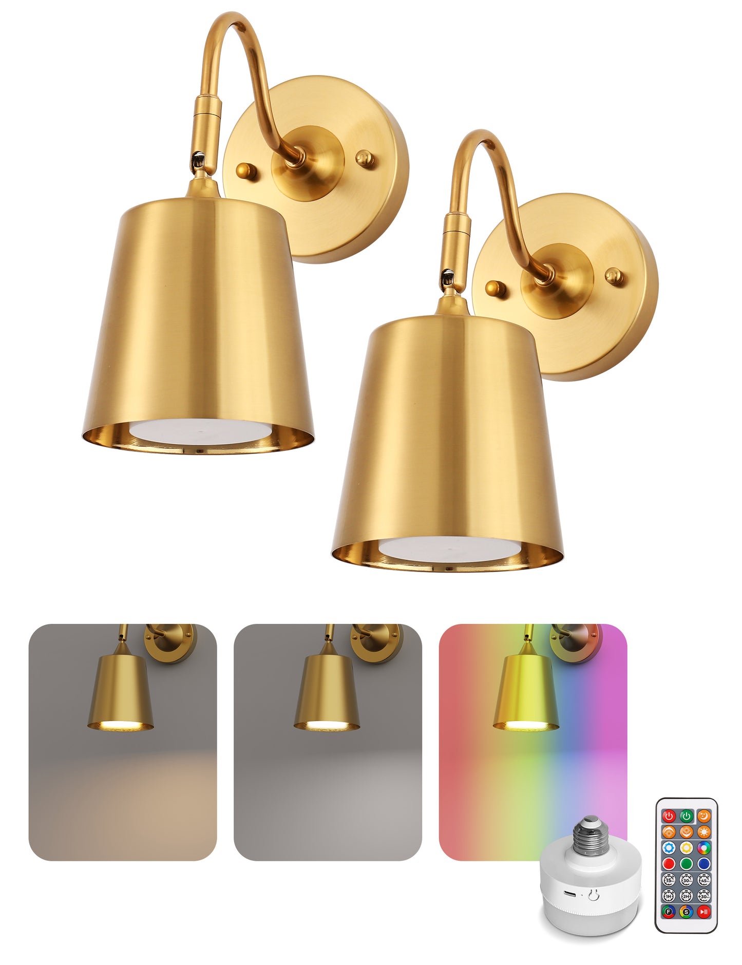 YANSUN Set of 2 Gold Wall Lamps with Bell Shade, Battery-Operated & Dimmable, Perfect for Hallway, Stairs, Living Room, and Bedroom