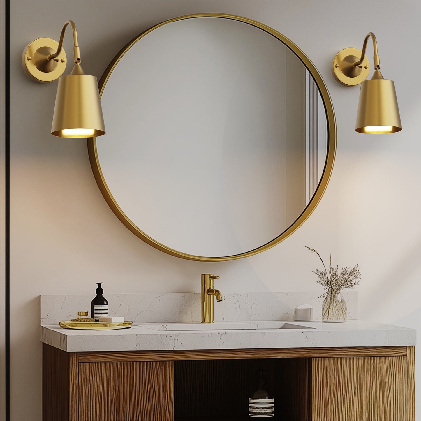 YANSUN Set of 2 Gold Wall Lamps with Bell Shade, Battery-Operated & Dimmable, Perfect for Hallway, Stairs, Living Room, and Bedroom