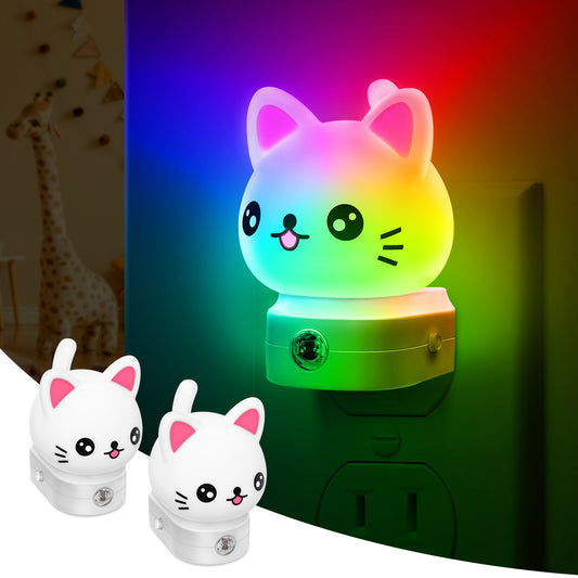 YANSUN 2-Pack 0.5W Plug-In Light Sensor  Cat Design Night Lights, RGB Gradient & 3000K White Light, Button Color Adjustment, US Plug
