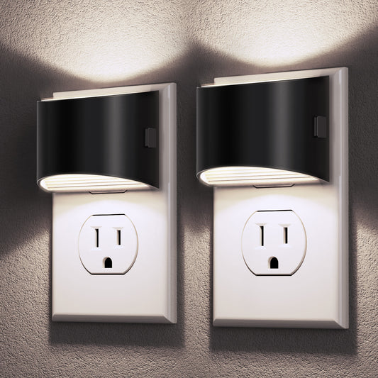 YANSUN 2-Pack 1W Plug-in Light-Controlled Night Light, Semi-Arch Wall Lamp Shape, Up and Down Lighting, Black Shell, White 5000K, 3-Stage Dimmable