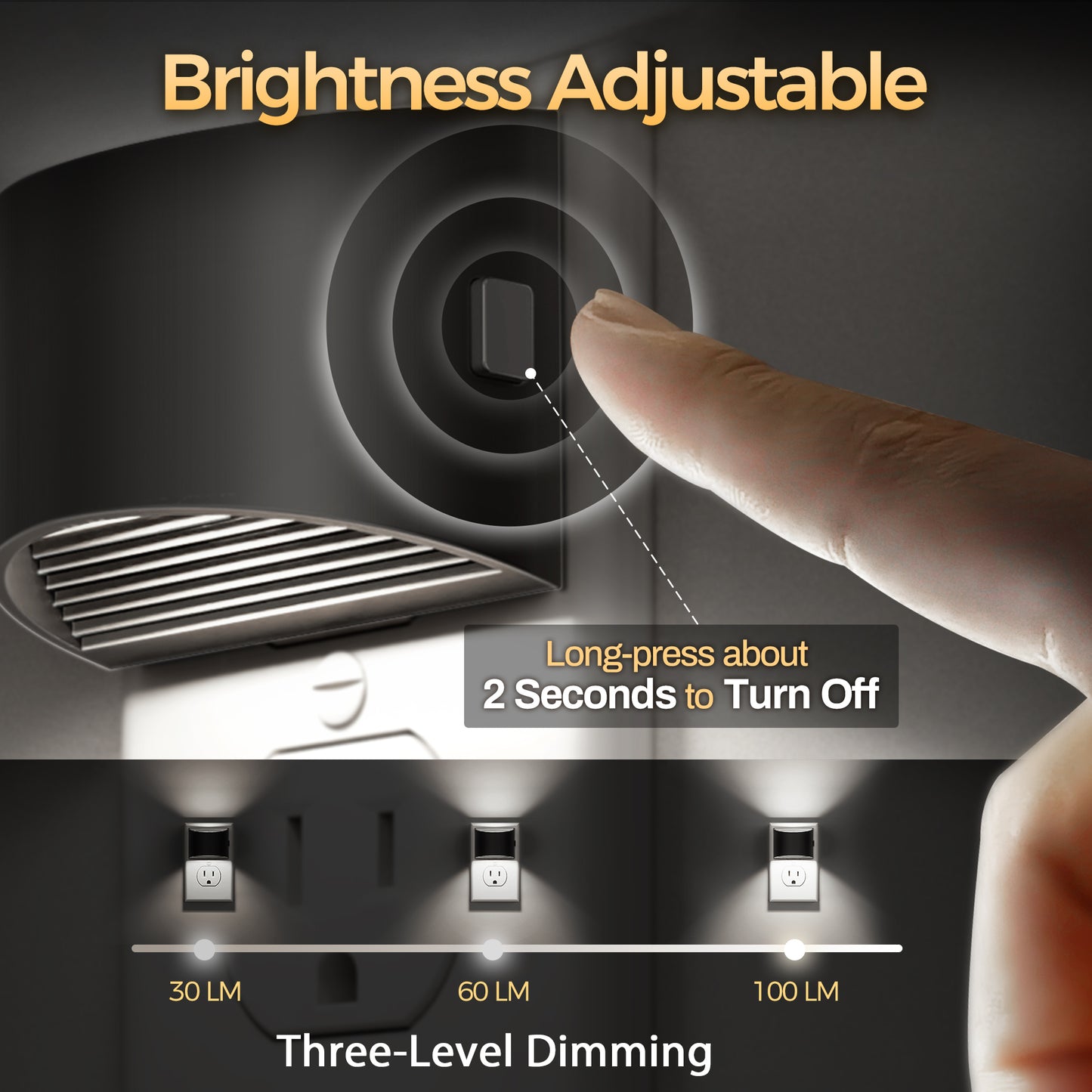 YANSUN 2-Pack 1W Plug-in Light-Controlled Night Light, Semi-Arch Wall Lamp Shape, Up and Down Lighting, Black Shell, White 5000K, 3-Stage Dimmable
