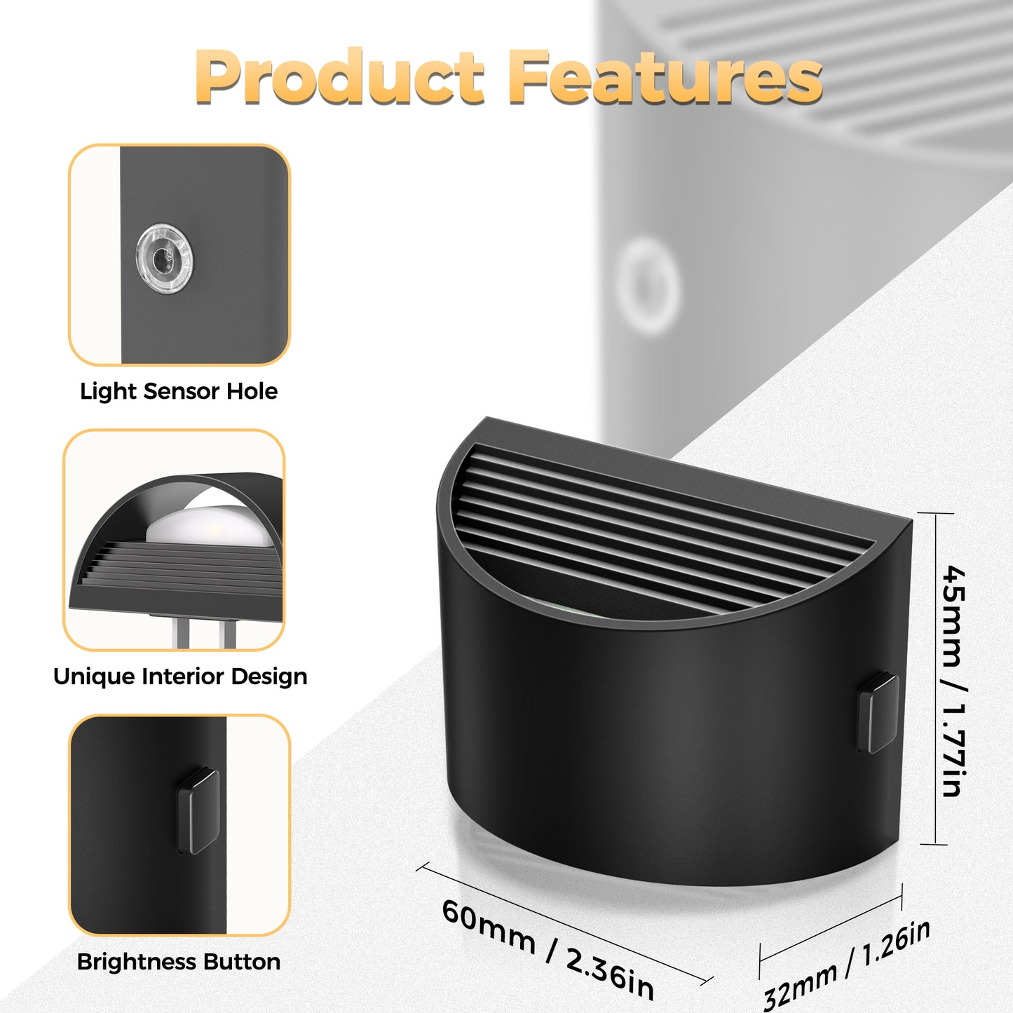 YANSUN 2-Pack 1W Plug-in Light-Controlled Night Light, Semi-Arch Wall Lamp Shape, Up and Down Lighting, Black Shell, White 5000K, 3-Stage Dimmable