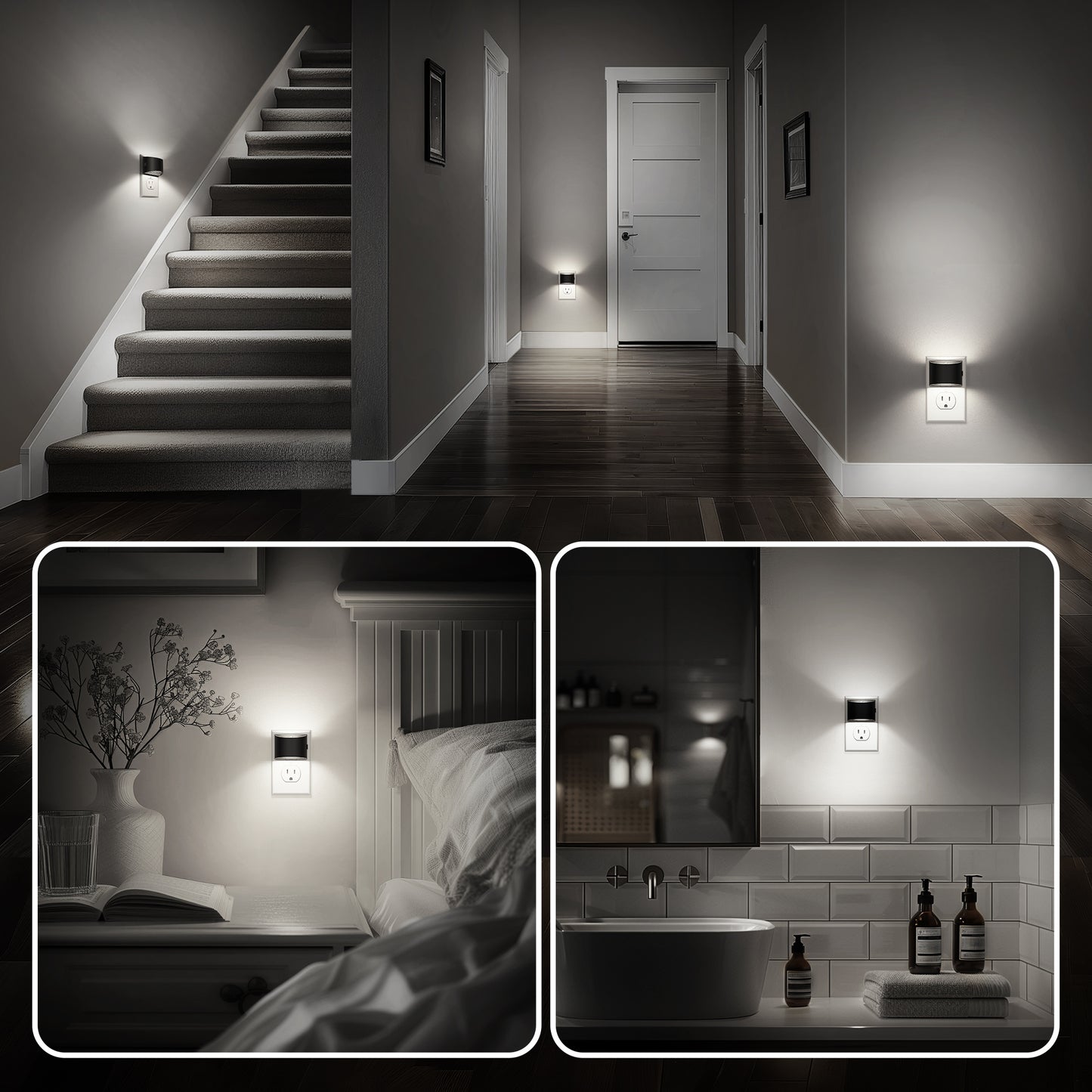 YANSUN 2-Pack 1W Plug-in Light-Controlled Night Light, Semi-Arch Wall Lamp Shape, Up and Down Lighting, Black Shell, White 5000K, 3-Stage Dimmable
