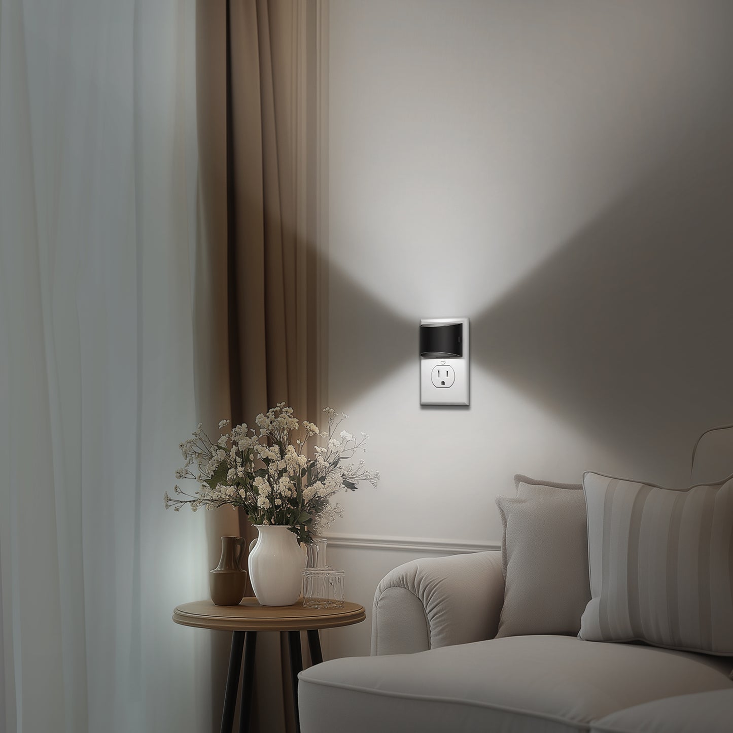 YANSUN 2-Pack 1W Plug-in Light-Controlled Night Light, Semi-Arch Wall Lamp Shape, Up and Down Lighting, Black Shell, White 5000K, 3-Stage Dimmable