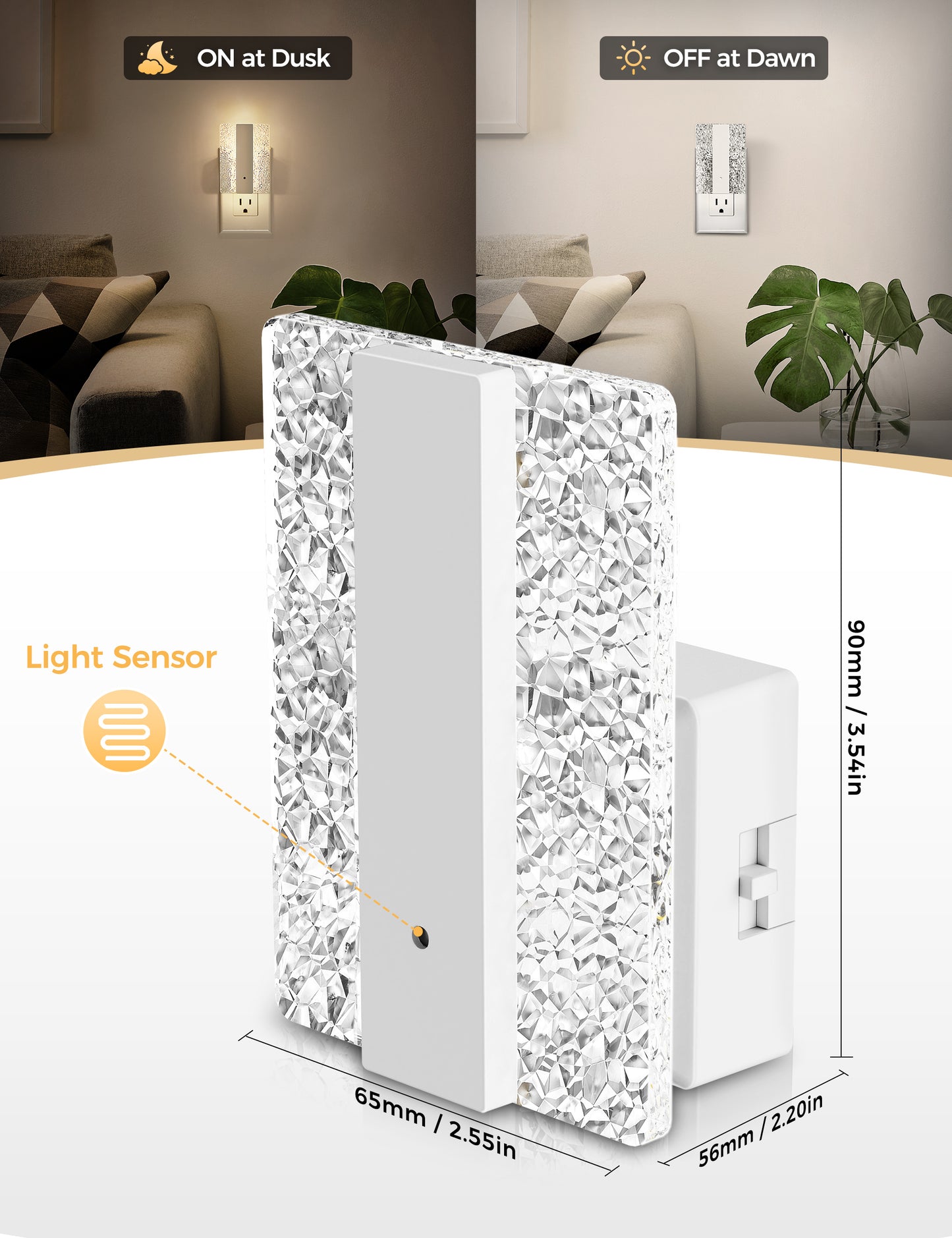 YANSUN 1W White Plug-In Night Lights with Modern Diamond Acrylic Square Cylinder, Sliding Dimming, Warm 3000K, 1-Pack