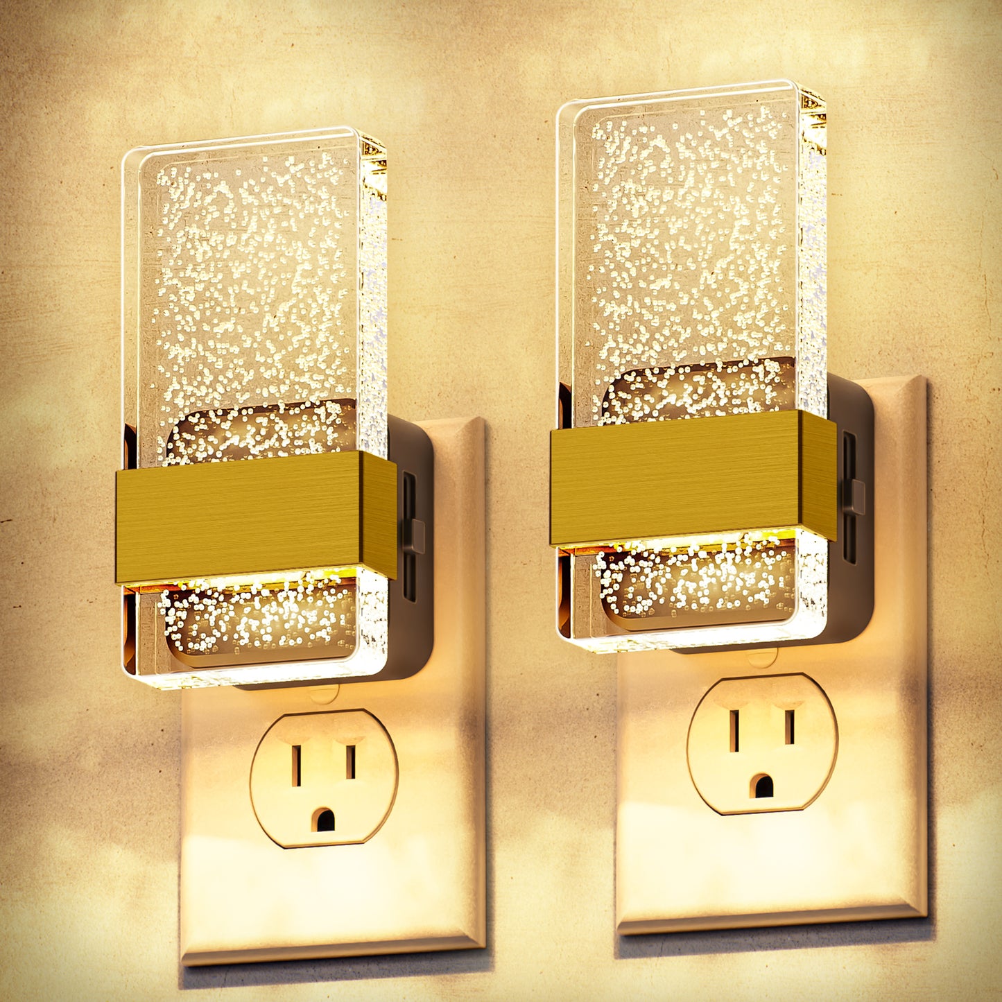 YANSUN 2-Pack 1W Dusk to Dawn Plug-in Night Lights Modern Acrylic Warm White 2700K Dimmable LED Night Lights with Gold Accent for Hallway Bedroom