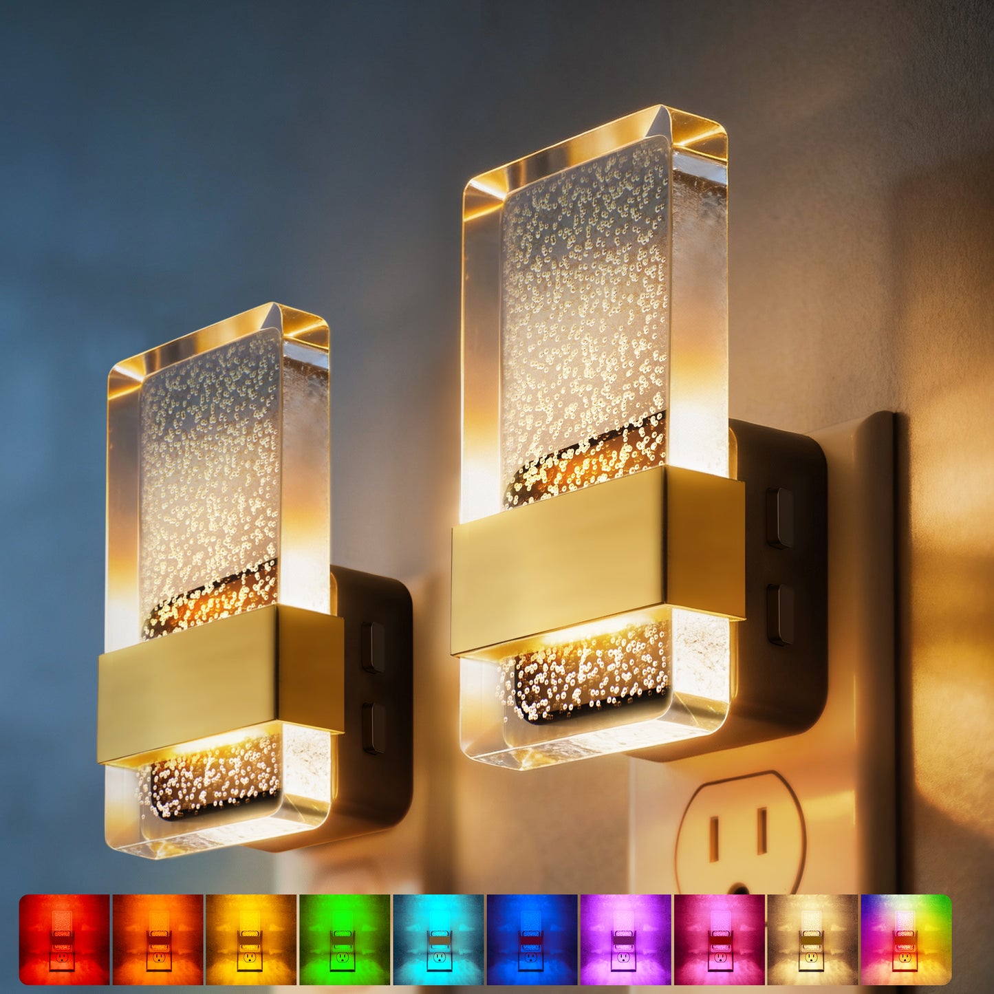 YANSUN 1-Watt Acrylic Column Plug-in Integrated LED Night Light with Light Sensor, RGB & 2700K, Up & Down Glow,  Black, 2-Pack