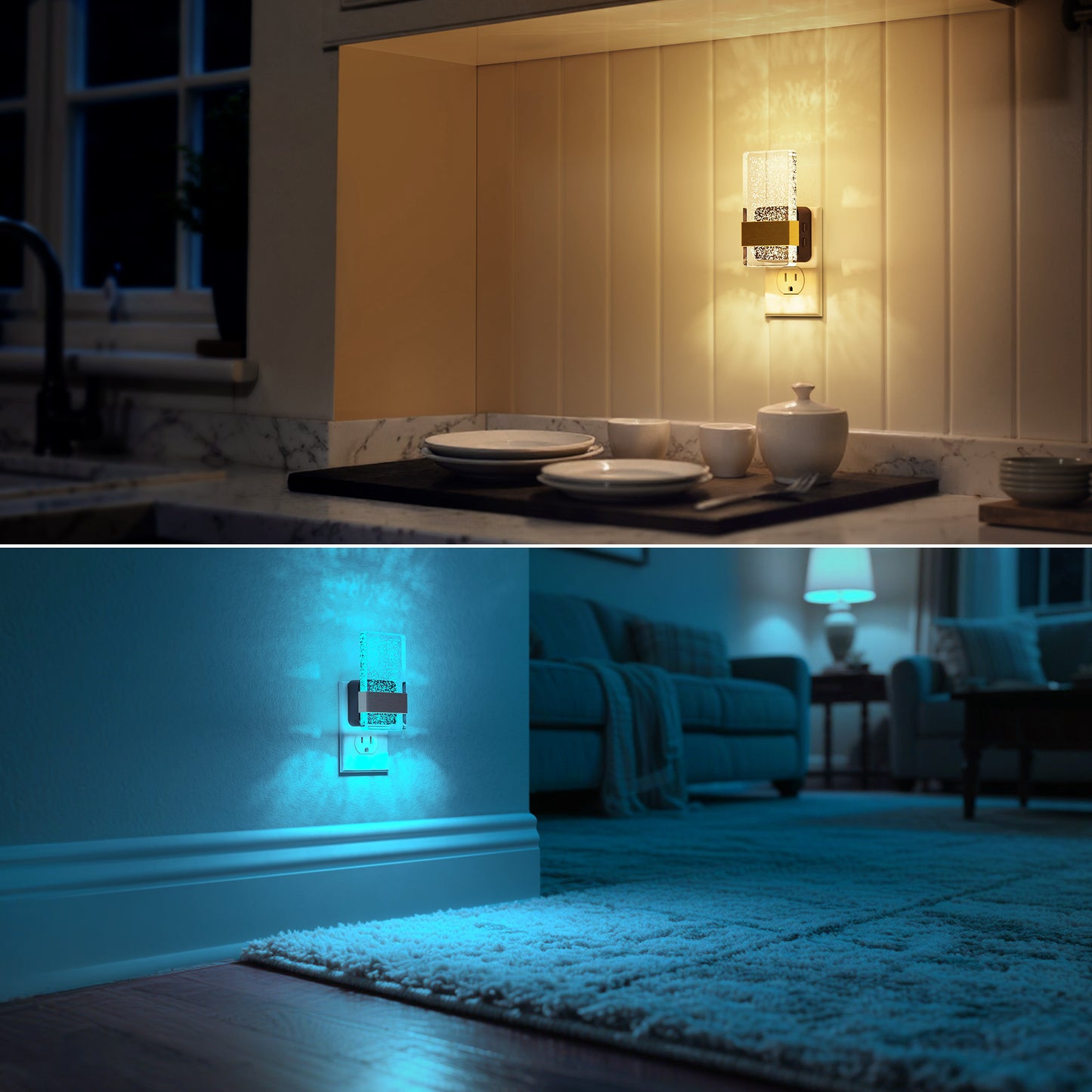 YANSUN 1-Watt Acrylic Column Plug-in Integrated LED Night Light with Light Sensor, RGB & 2700K, Up & Down Glow,  Black, 2-Pack