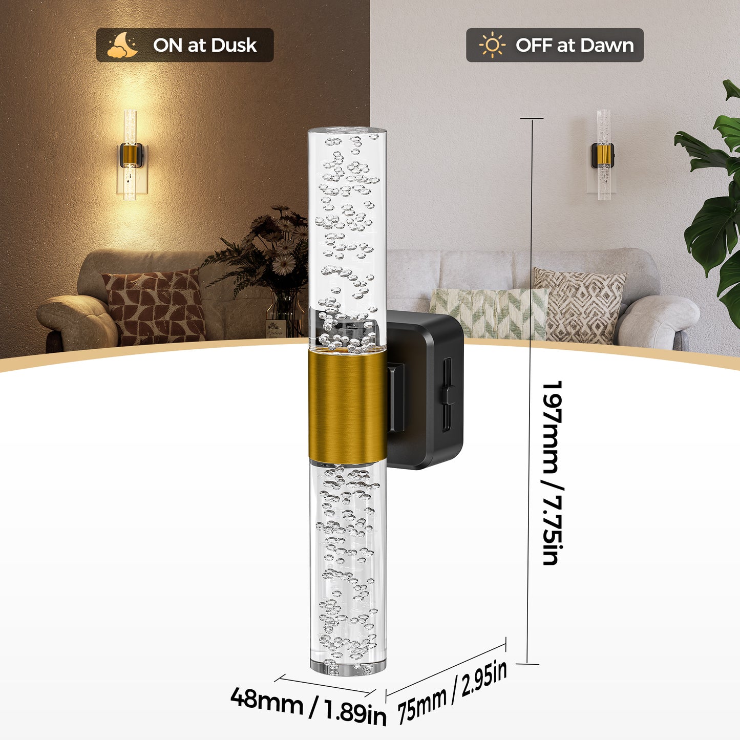 YANSUN 1W Integrated LED Plug-In Night Light, Warm 3000K, Acrylic Bubble Rod, Slide Dimming, Light Sensor, 1-Pack