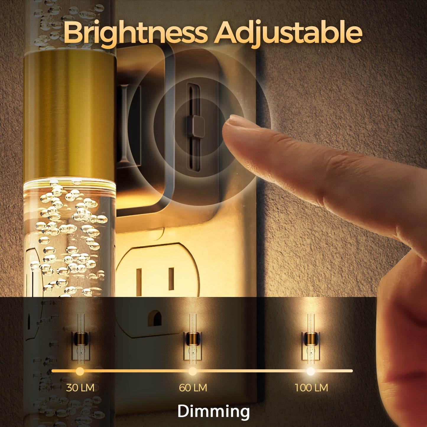 YANSUN 1W Integrated LED Plug-In Night Light, Warm 3000K, Acrylic Bubble Rod, Slide Dimming, Light Sensor, 1-Pack