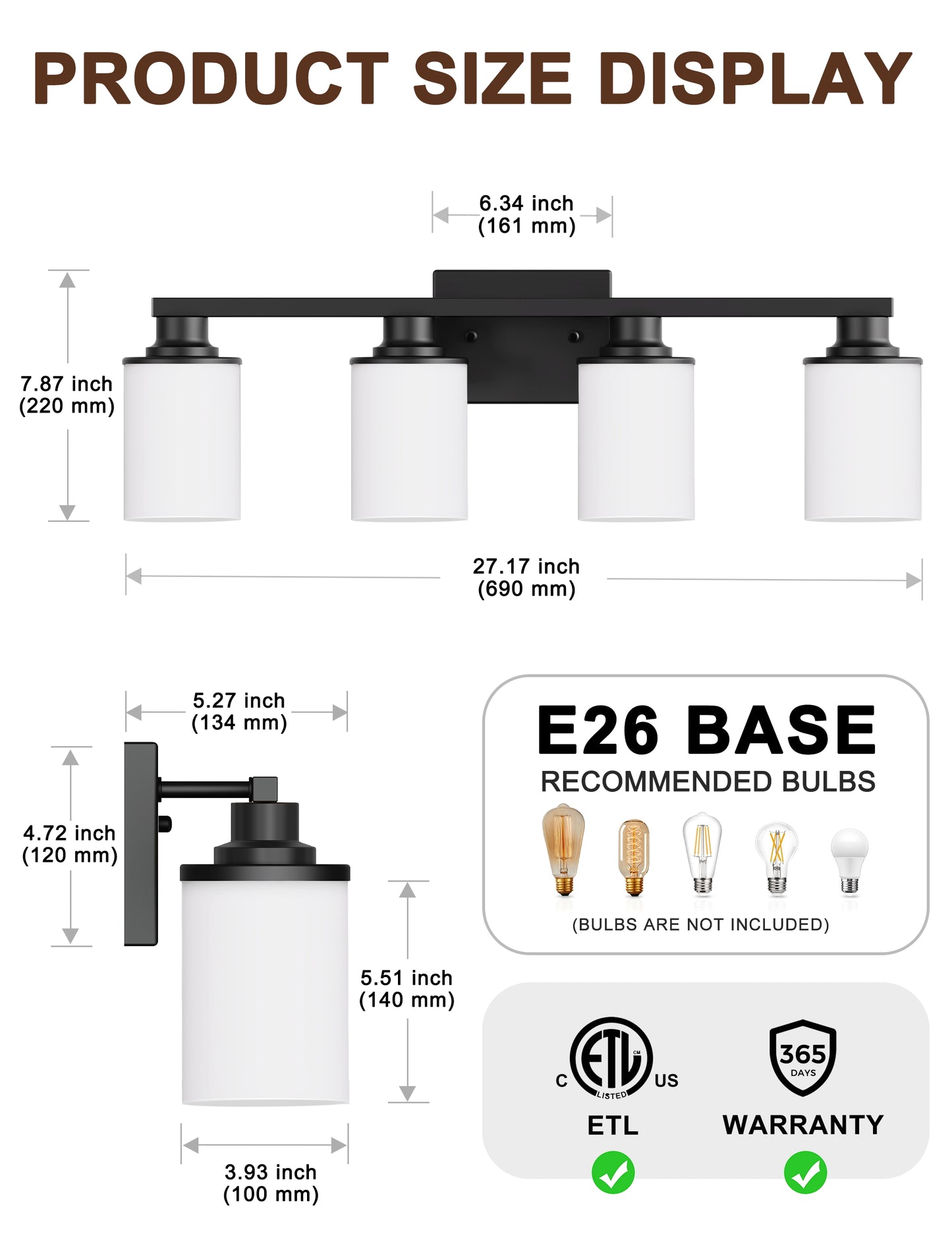 YANSUN 27 in. 4-Light Matte Black Cylinder Glass Shade Vanity Light with Dimmable for Bathroom No Bulbs Included