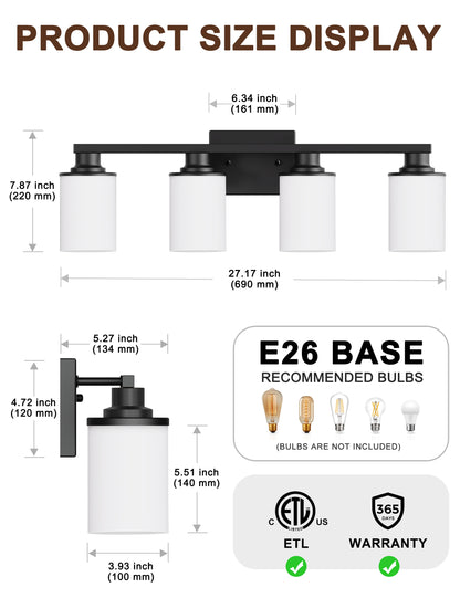 YANSUN 27 in. 4-Light Matte Black Cylinder Glass Shade Vanity Light with Dimmable for Bathroom No Bulbs Included