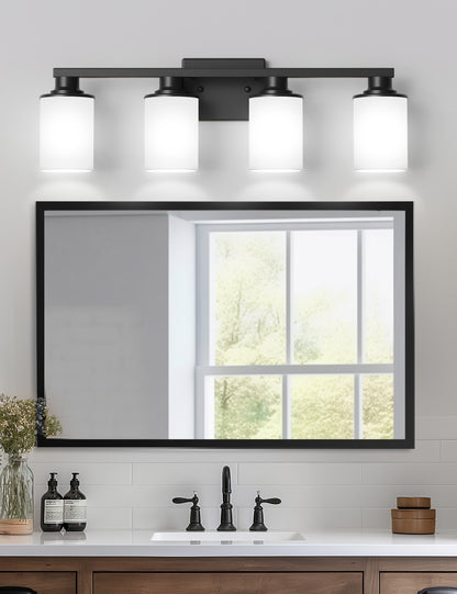 YANSUN 27 in. 4-Light Matte Black Cylinder Glass Shade Vanity Light with Dimmable for Bathroom No Bulbs Included