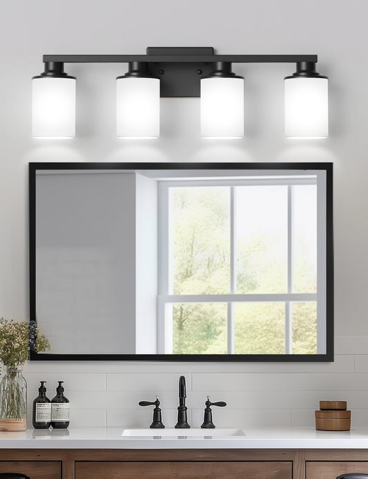 YANSUN 27 in. 4-Light Matte Black Cylinder Glass Shade Vanity Light with Dimmable for Bathroom No Bulbs Included