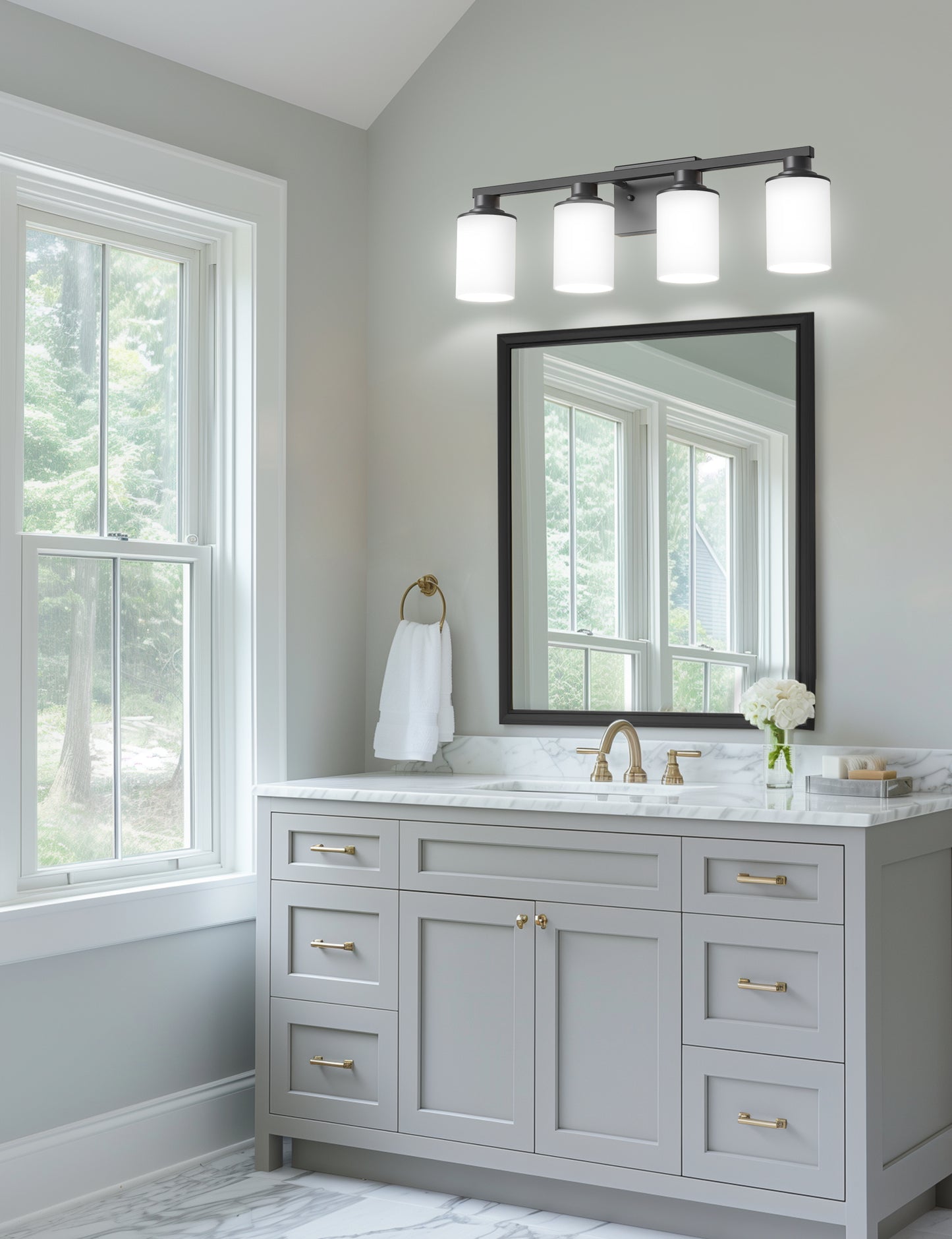 YANSUN 27 in. 4-Light Matte Black Cylinder Glass Shade Vanity Light with Dimmable for Bathroom No Bulbs Included