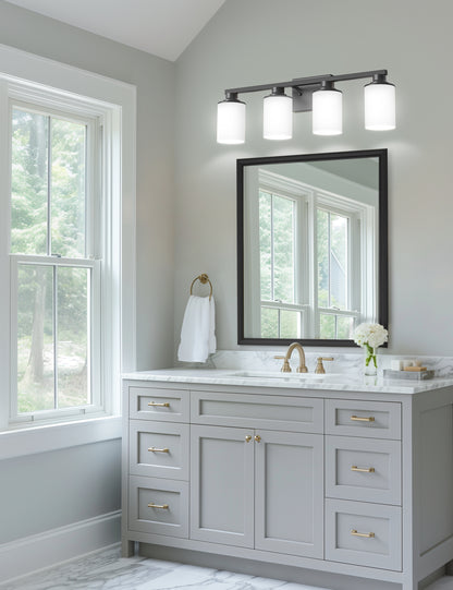 YANSUN 27 in. 4-Light Matte Black Cylinder Glass Shade Vanity Light with Dimmable for Bathroom No Bulbs Included