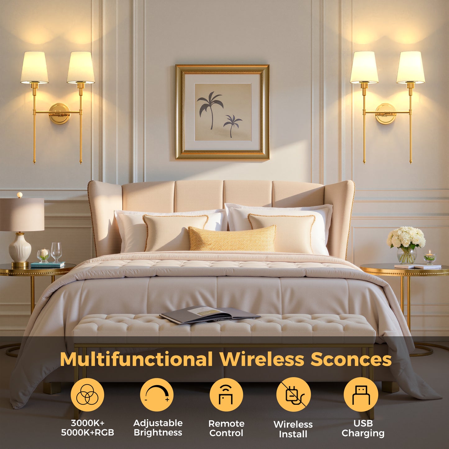 YANSUN 16 in. 2-Light Gold Indoor Wall Sconce, Dimmable Wall Light with White Shade for Living Room