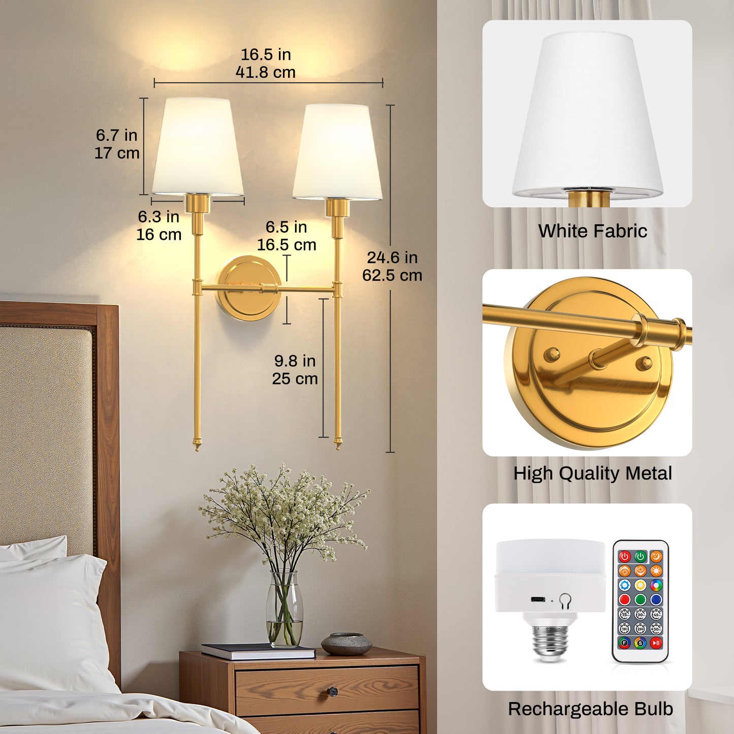 YANSUN 16 in. 2-Light Gold Indoor Wall Sconce, Dimmable Wall Light with White Shade for Living Room