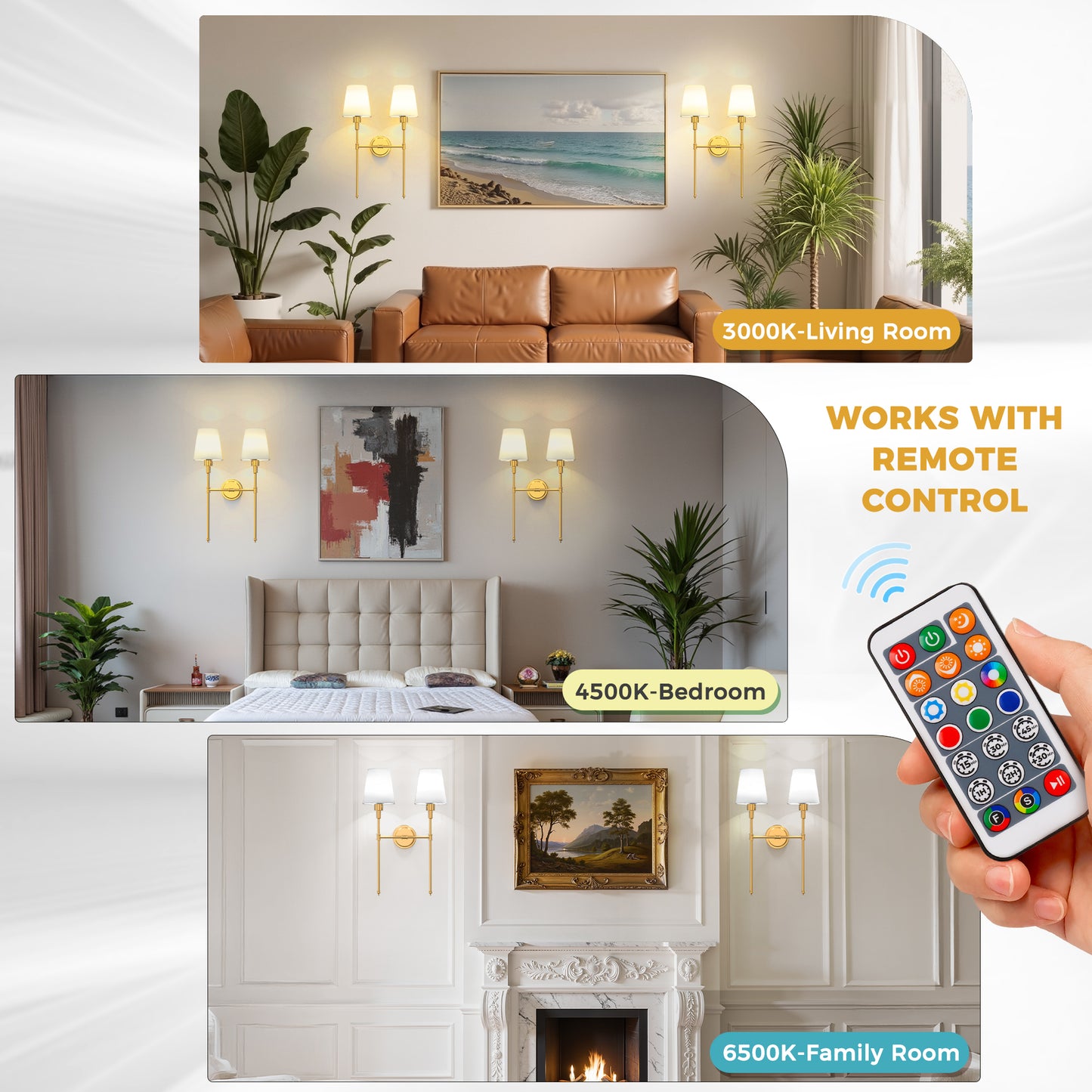 YANSUN 16 in. 2-Light Gold Indoor Wall Sconce, Dimmable Wall Light with White Shade for Living Room