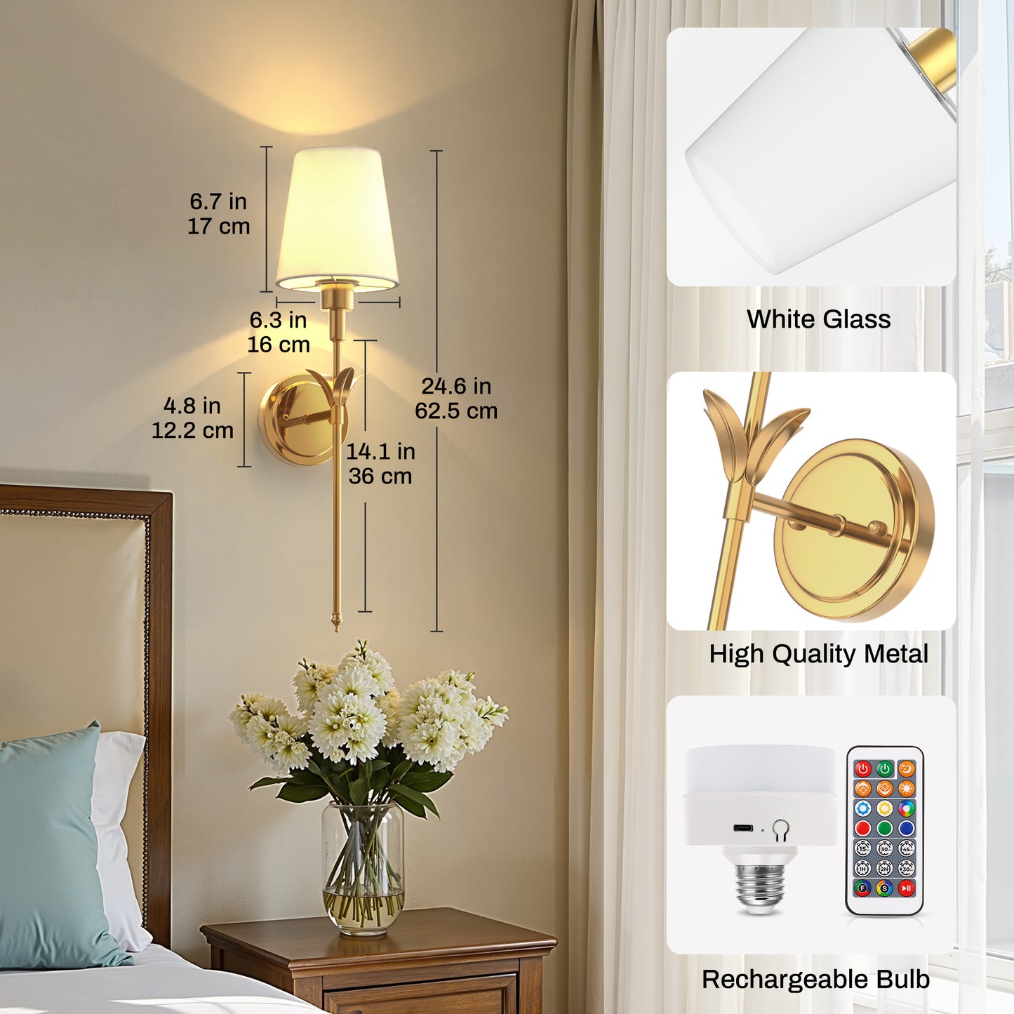 YANSUN 2-Pack Petal Design Indoor Wall Sconces with Cone Shade, 2W RGB CW Dimmable LED, Remote-Controlled, Extra Bulbs Included