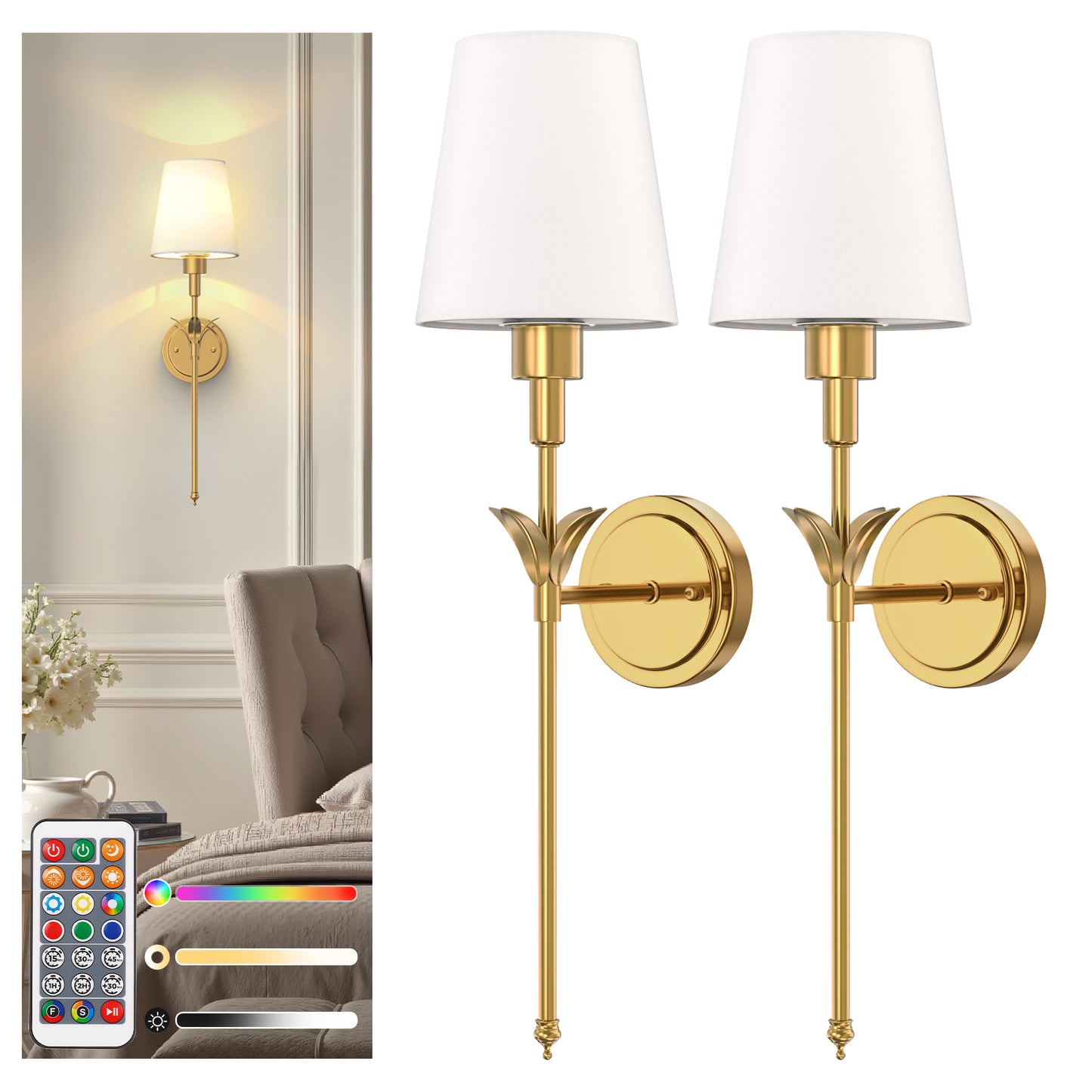 YANSUN 2-Pack Petal Design Indoor Wall Sconces with Cone Shade, 2W RGB CW Dimmable LED, Remote-Controlled, Extra Bulbs Included