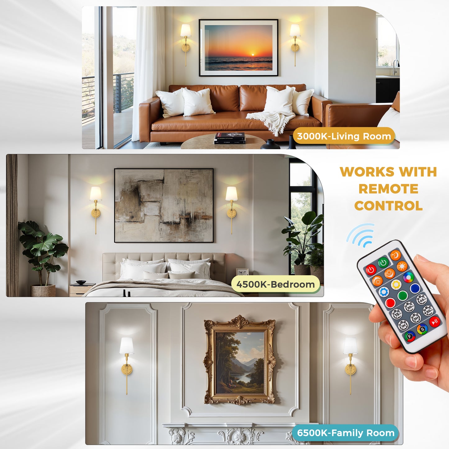 YANSUN 2-Pack Petal Design Indoor Wall Sconces with Cone Shade, 2W RGB CW Dimmable LED, Remote-Controlled, Extra Bulbs Included