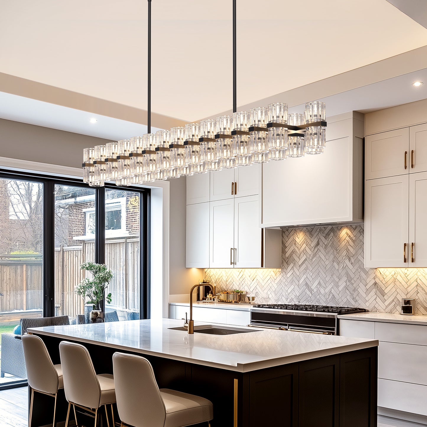 YANSUN 60-Light Modern Black Crystal Chandelier G9 LED 3000K Warm White Pendant Light for Dining Room Living Room