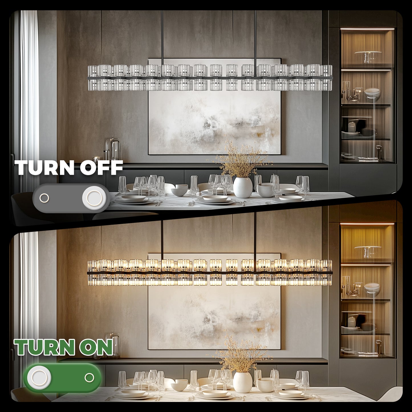 YANSUN 60-Light Modern Black Crystal Chandelier G9 LED 3000K Warm White Pendant Light for Dining Room Living Room