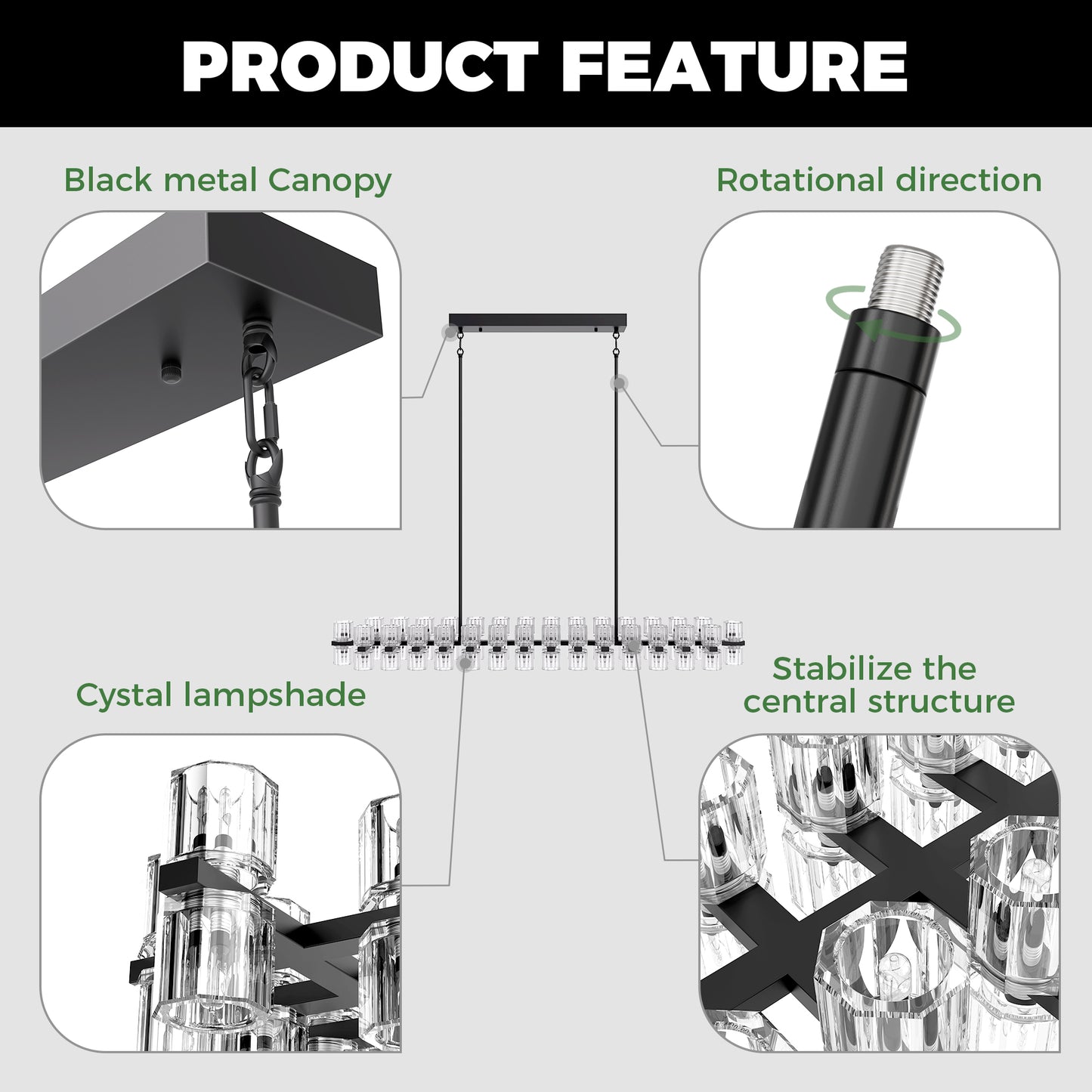 YANSUN 60-Light Modern Black Crystal Chandelier G9 LED 3000K Warm White Pendant Light for Dining Room Living Room