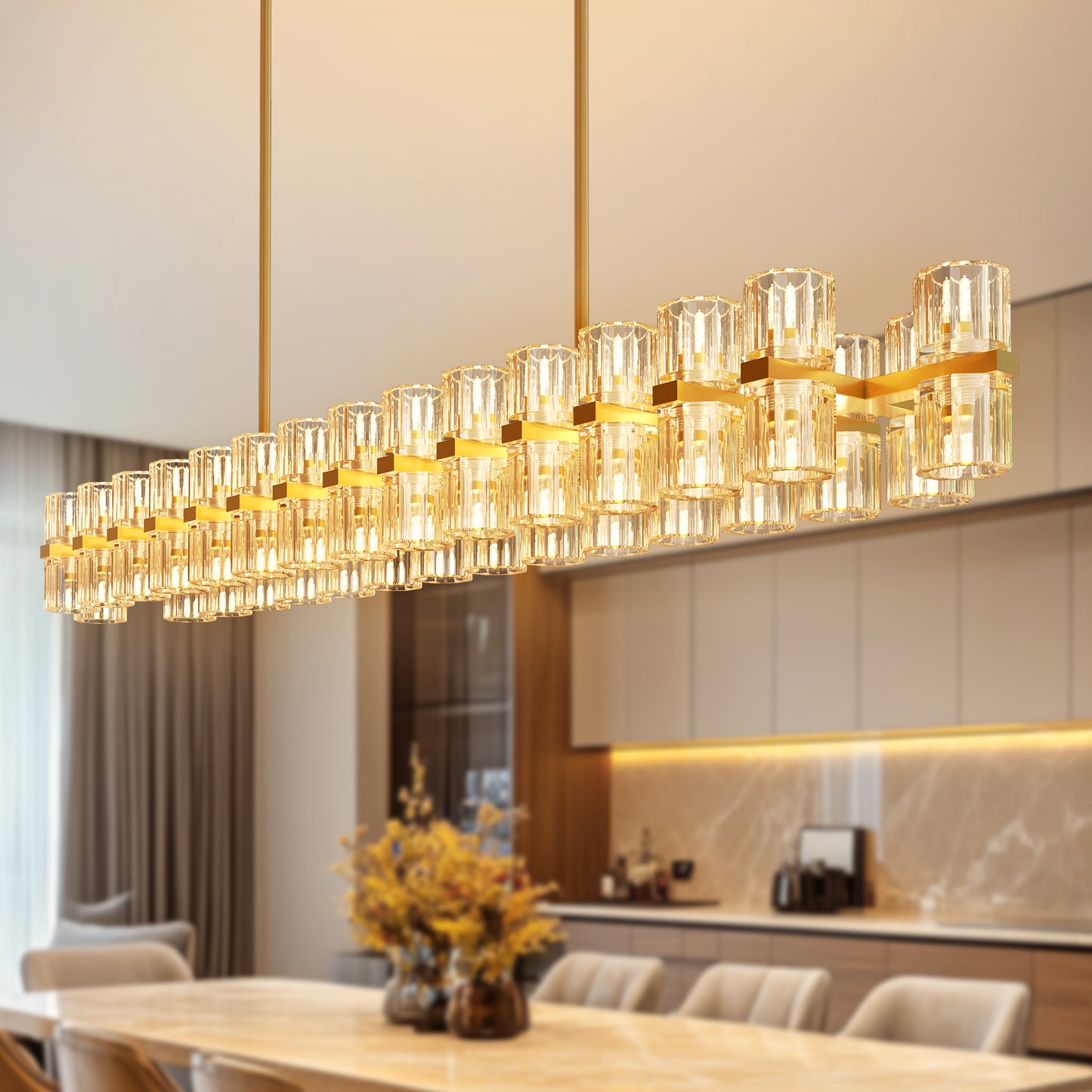 YANSUN 60-Light Gold Crystal Chandelier with Crystal Shade, 3000K Warm Light, Modern Hanging Pendant Light with 70 G9 Bulbs