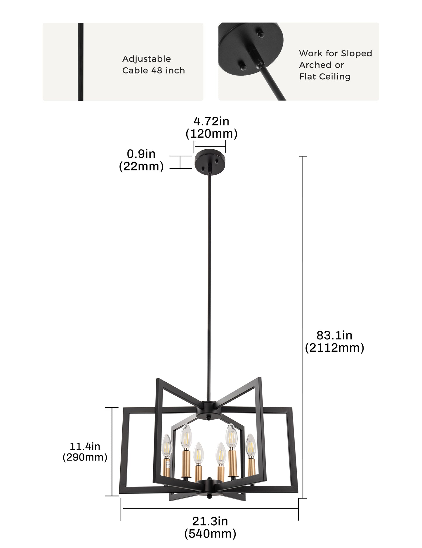 YANSUN 6-Light Black and Gold Pendant Light with E12 Sockets, Adjustable Modern Hanging Light for Dining Room and Foyer