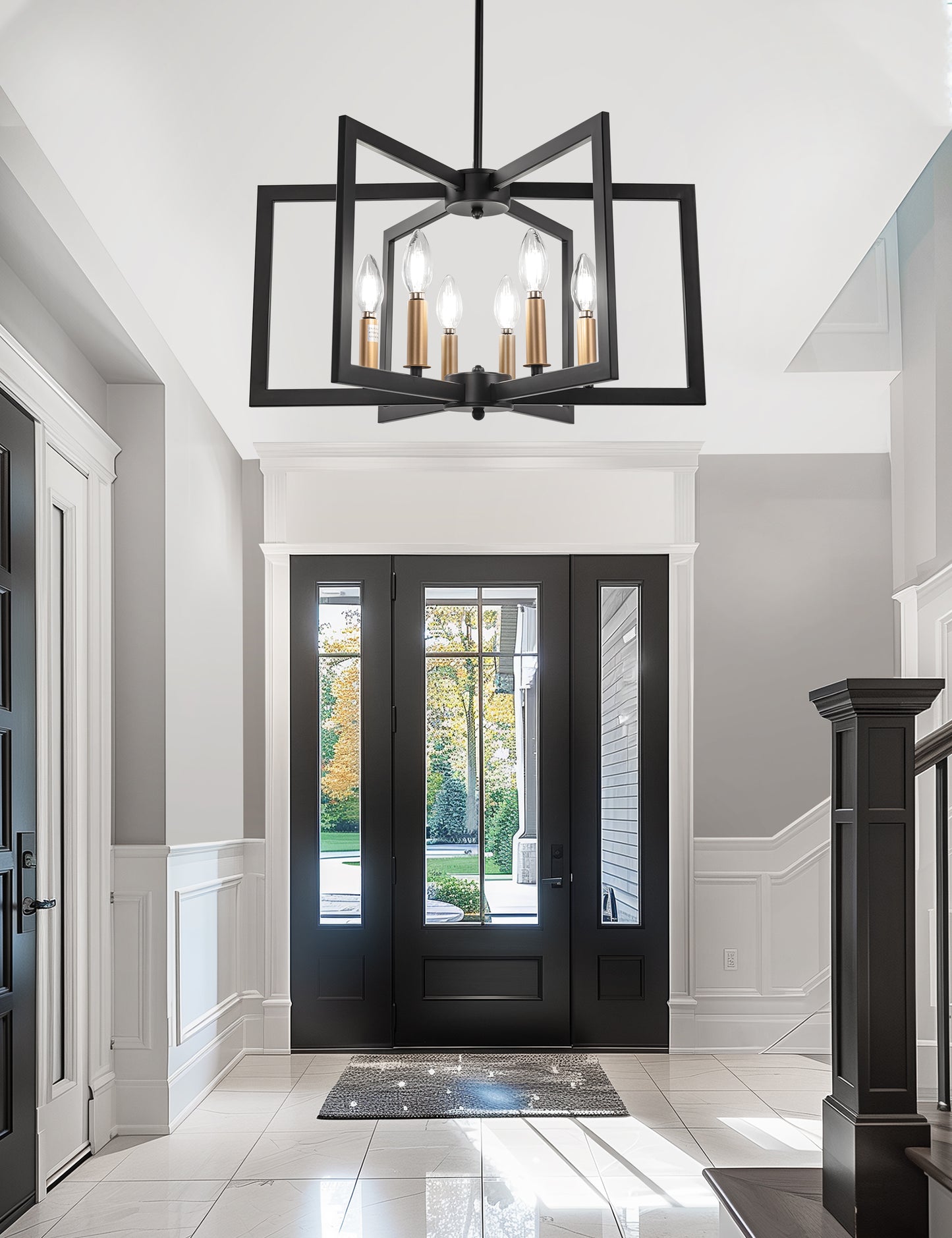 YANSUN 6-Light Black and Gold Pendant Light with E12 Sockets, Adjustable Modern Hanging Light for Dining Room and Foyer