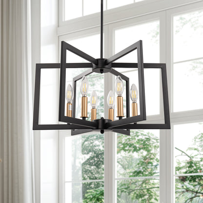 YANSUN 6-Light Black and Gold Pendant Light with E12 Sockets, Adjustable Modern Hanging Light for Dining Room and Foyer