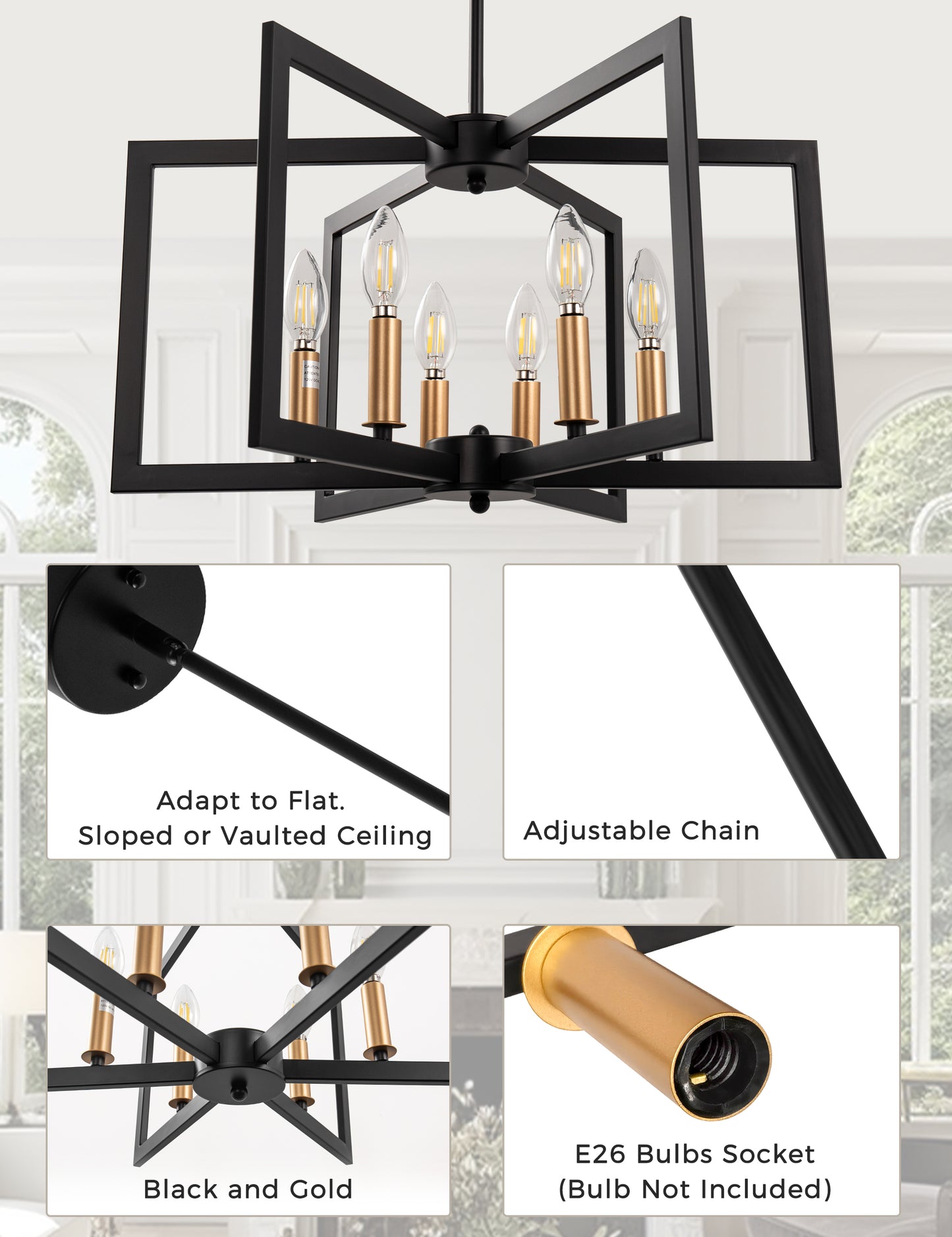 YANSUN 6-Light Black and Gold Pendant Light with E12 Sockets, Adjustable Modern Hanging Light for Dining Room and Foyer