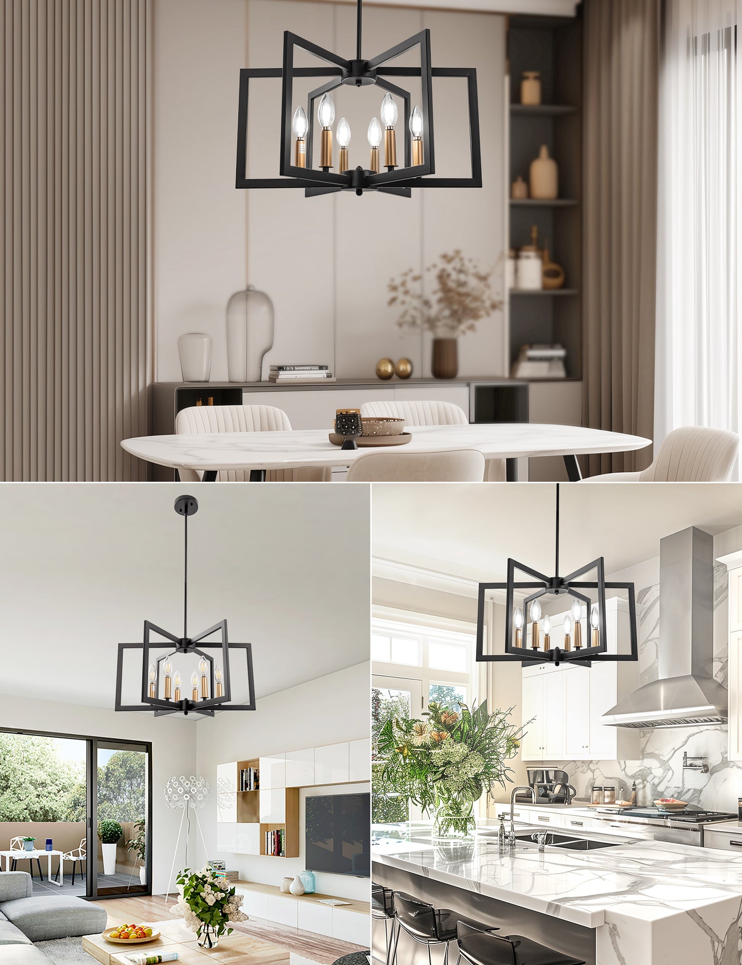 YANSUN 6-Light Black and Gold Pendant Light with E12 Sockets, Adjustable Modern Hanging Light for Dining Room and Foyer