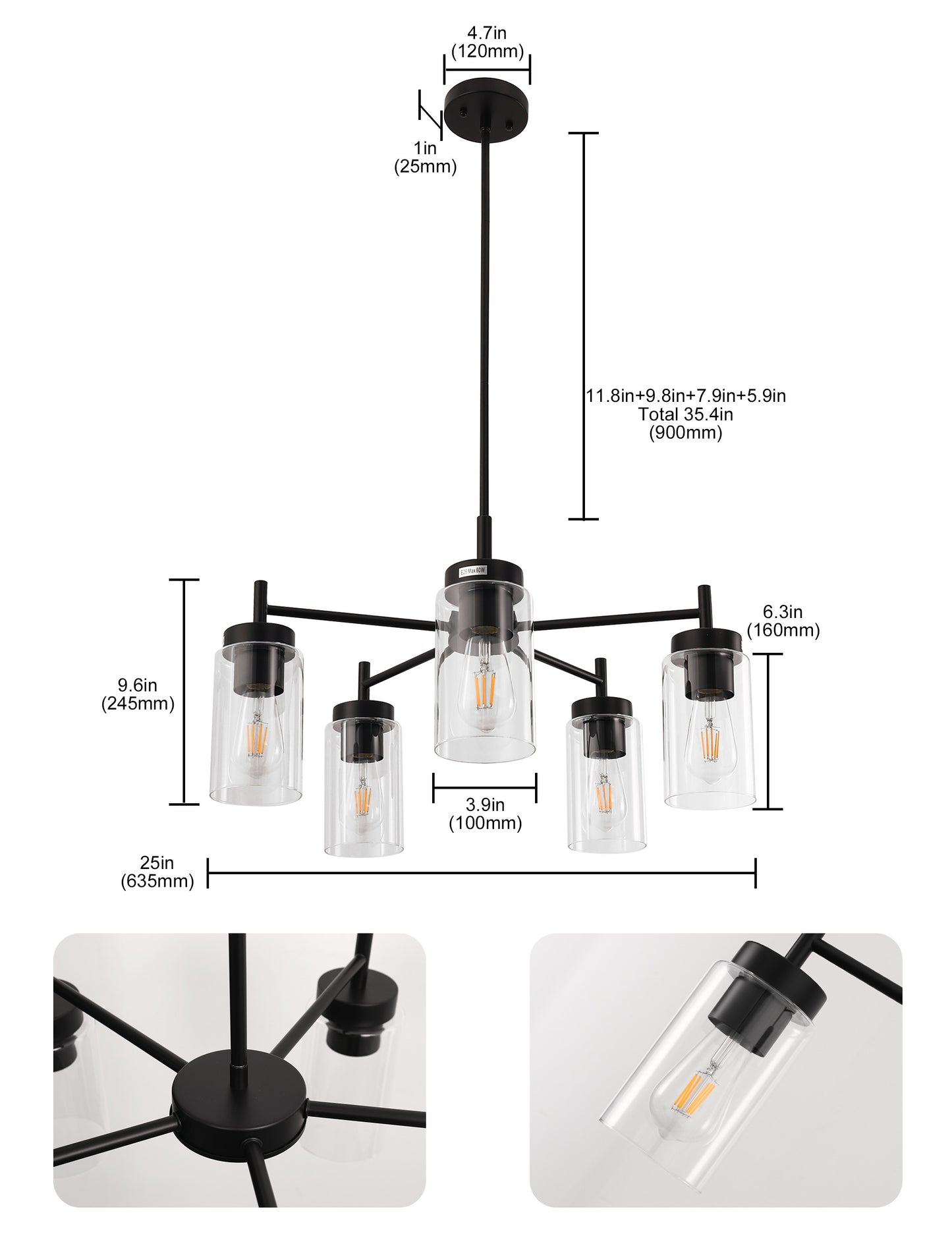 YANSUN 25 in. 5-Light Matte Black Chandelier with Clear Glass Shades E26 for Living Room, Dining Room, or Entryway (1-Pack)