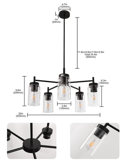YANSUN 25 in. 5-Light Matte Black Chandelier with Clear Glass Shades E26 for Living Room, Dining Room, or Entryway (1-Pack)