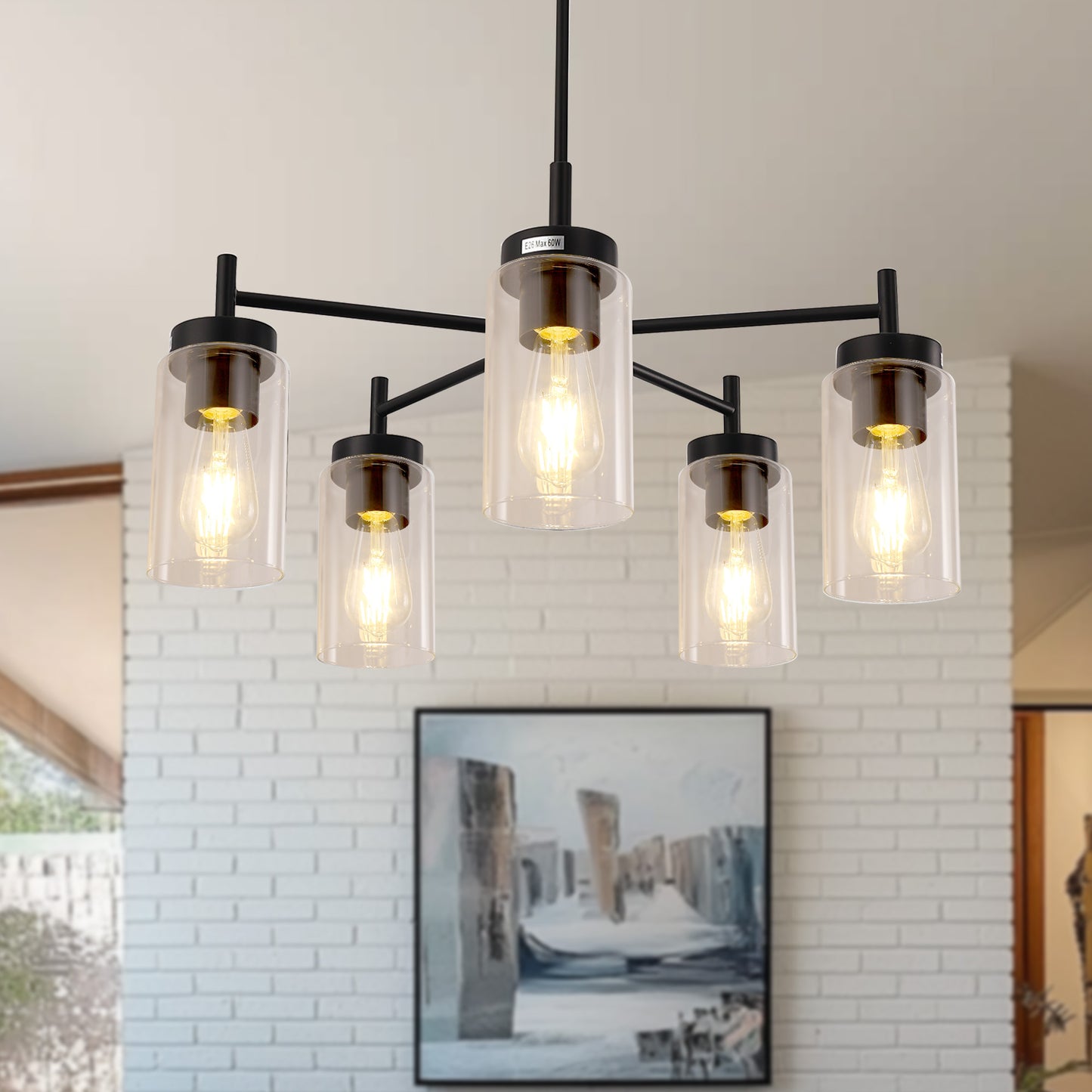 YANSUN 25 in. 5-Light Matte Black Chandelier with Clear Glass Shades E26 for Living Room, Dining Room, or Entryway (1-Pack)