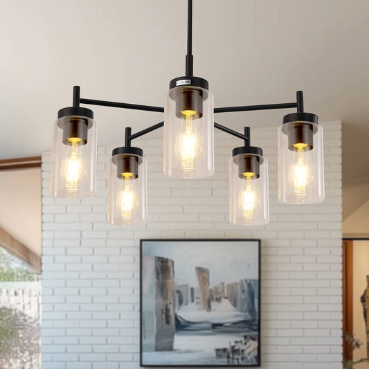 YANSUN 25 in. 5-Light Matte Black Chandelier with Clear Glass Shades E26 for Living Room, Dining Room, or Entryway (1-Pack)