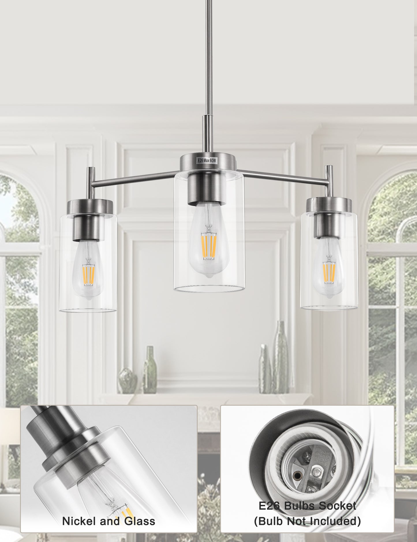 YANSUN 3-Light Chandelier in Brushed Nickel with Clear Glass Shades, a Modern Pendant Light Fixture for Kitchen or Dining Room