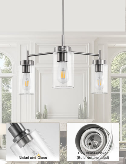 YANSUN 3-Light Chandelier in Brushed Nickel with Clear Glass Shades, a Modern Pendant Light Fixture for Kitchen or Dining Room