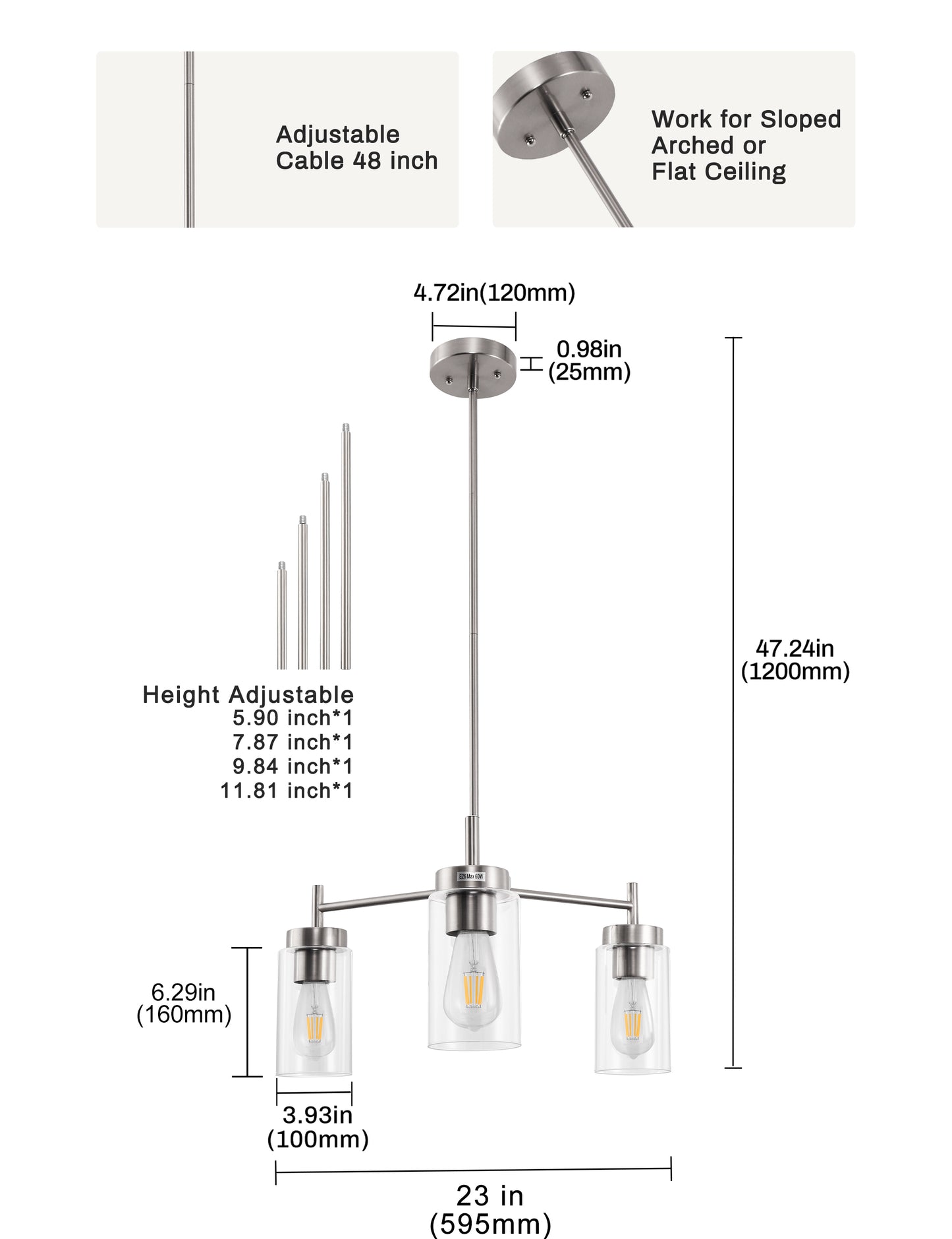 YANSUN 3-Light Chandelier in Brushed Nickel with Clear Glass Shades, a Modern Pendant Light Fixture for Kitchen or Dining Room