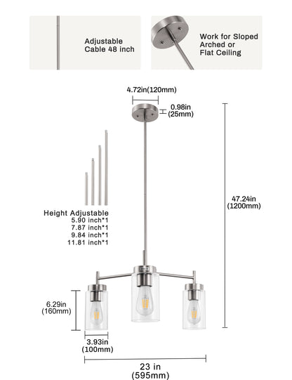 YANSUN 3-Light Chandelier in Brushed Nickel with Clear Glass Shades, a Modern Pendant Light Fixture for Kitchen or Dining Room