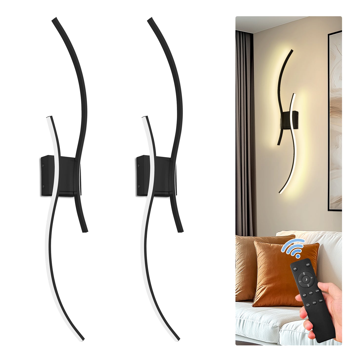YANSUN 2-Pack LED Wave Wall Light, 39.37in Matte Black Finish, Built-in Dimmable & Color Changing, Touch & Remote Control, Memory & Timer