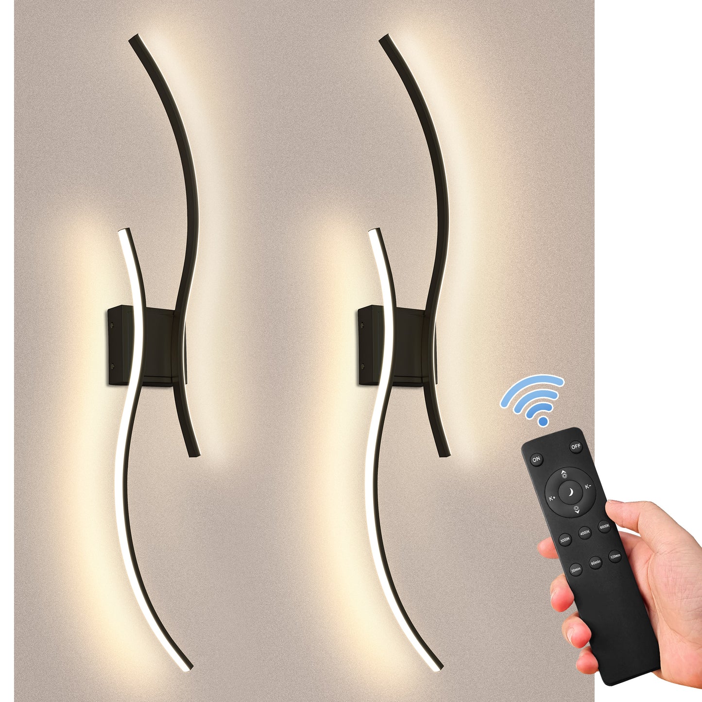 YANSUN 2-Pack LED Wave Wall Light, 39.37in Matte Black Finish, Built-in Dimmable & Color Changing, Touch & Remote Control, Memory & Timer