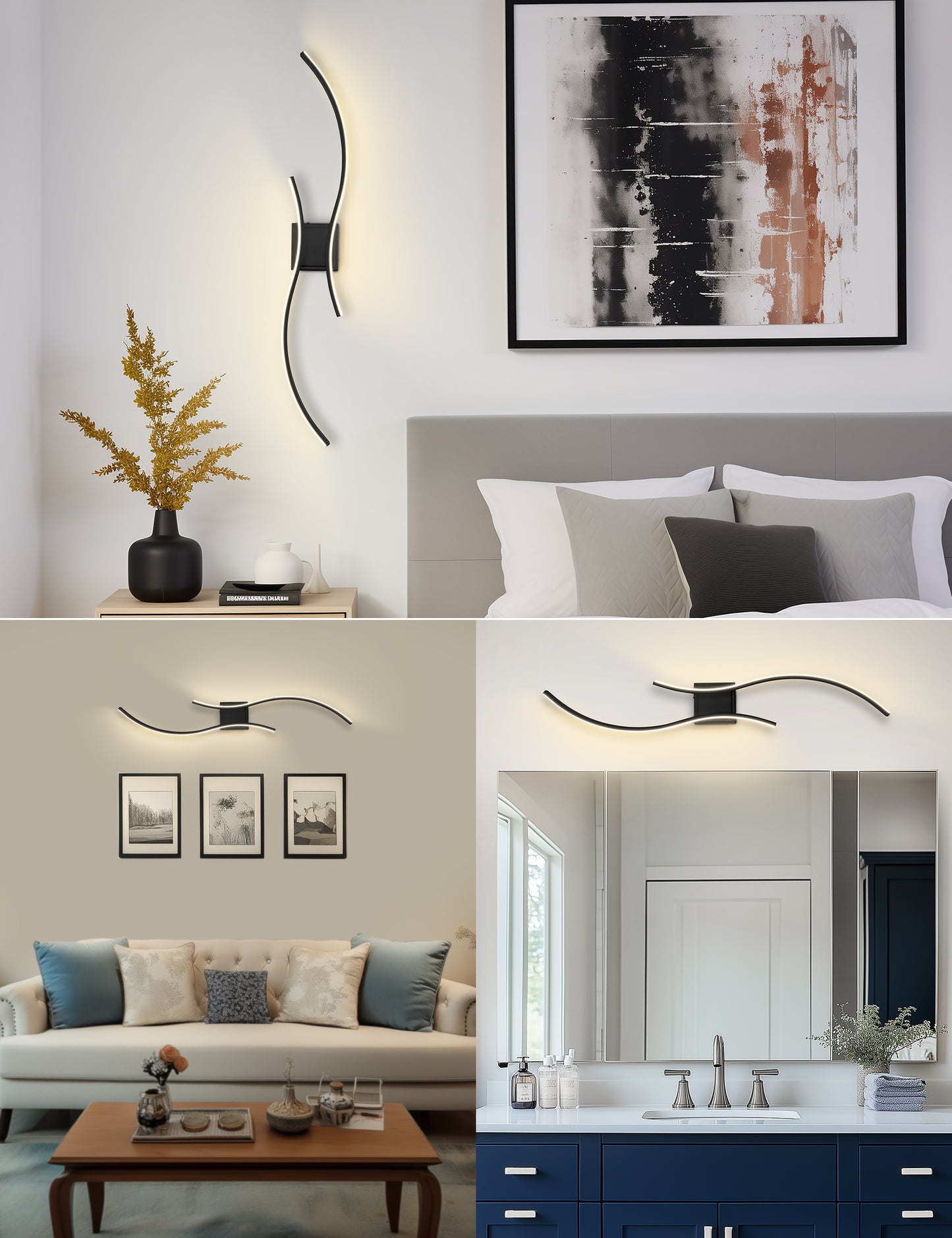 YANSUN 2-Pack LED Wave Wall Light, 39.37in Matte Black Finish, Built-in Dimmable & Color Changing, Touch & Remote Control, Memory & Timer